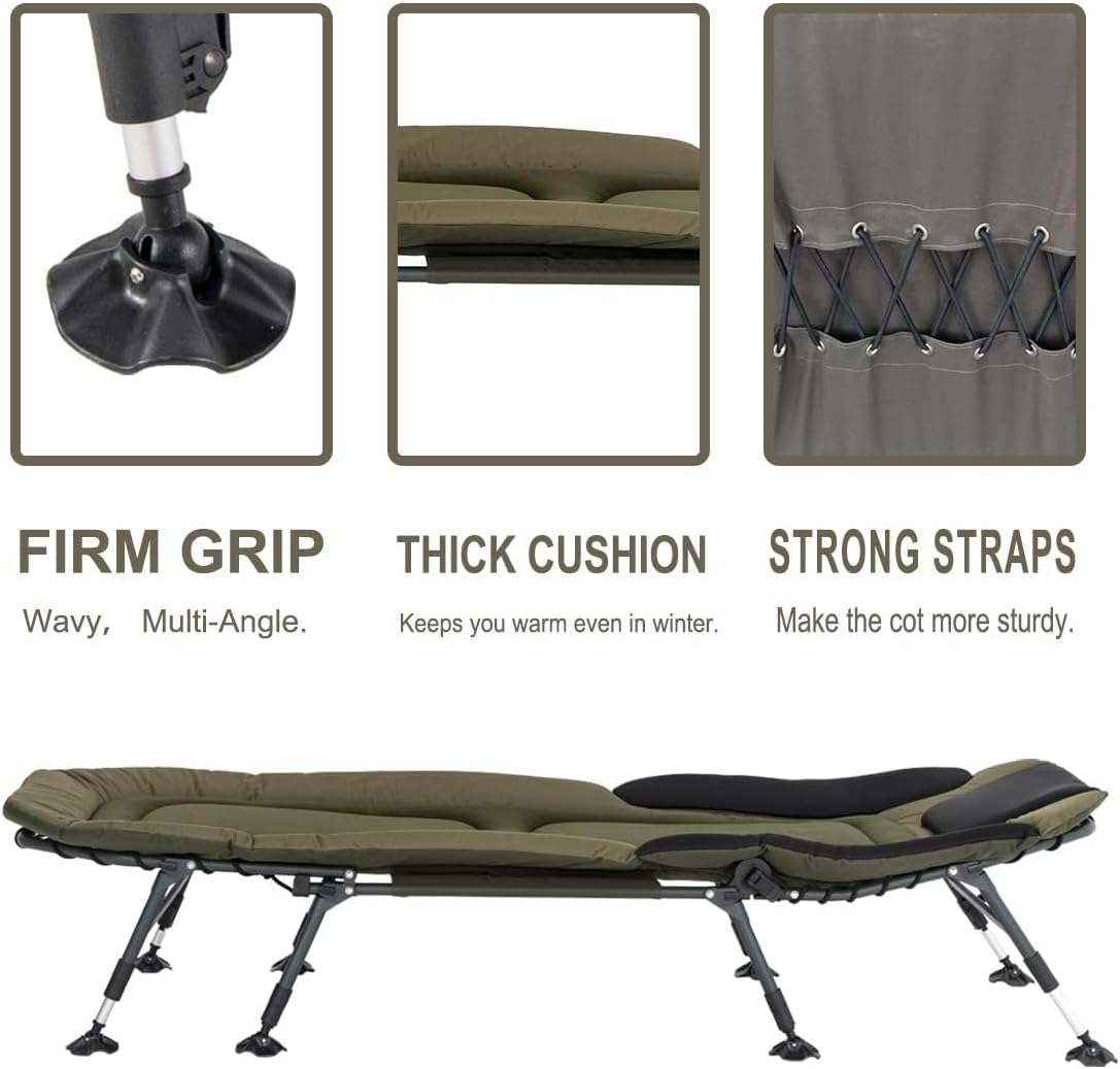 Camping Cots for Adults 330Lbs with Carry Bag, Heavy Duty Folding Bed with Soft Padded Cushion, Portable Military Cot for Hunting, 180�� Adjustable Reclining Outdoor Lounger