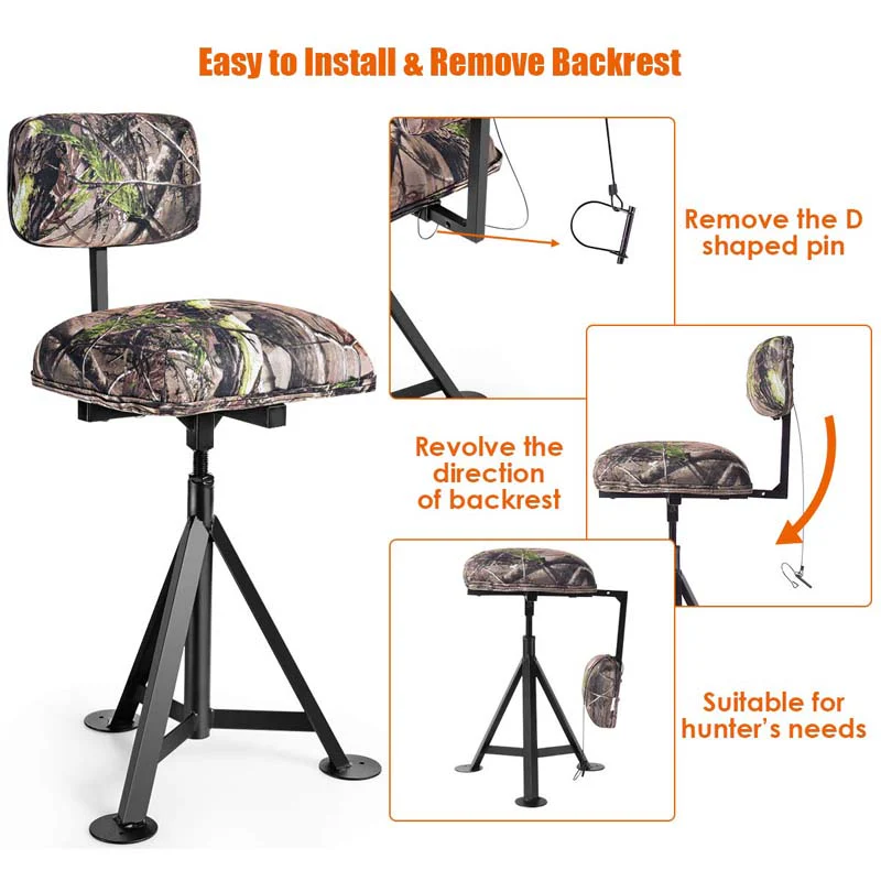 360�� Camo Swivel Hunting Chair for Outdoor Activities, Height Adjustable Tripod Blind Stool Chair with Detachable Backrest, Padded seat