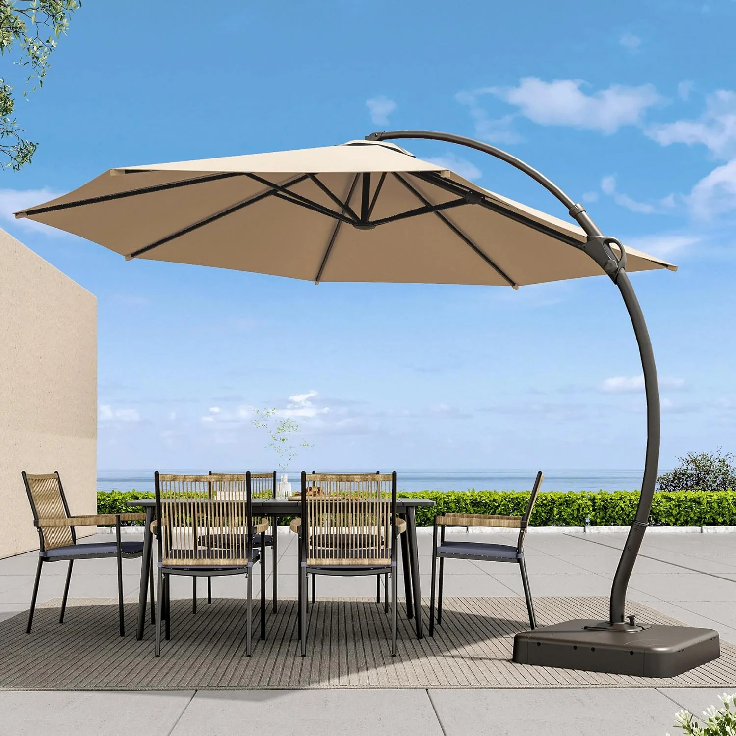 LAUSAINT HOME Outdoor Patio Umbrella with Base included, 11 FT Deluxe Curvy Cantilever Umbrella Heavy Duty Offset Hanging Umbrella with 360�� Rotation for Market, Pool, Garden, Backyard, Deck (Beige)