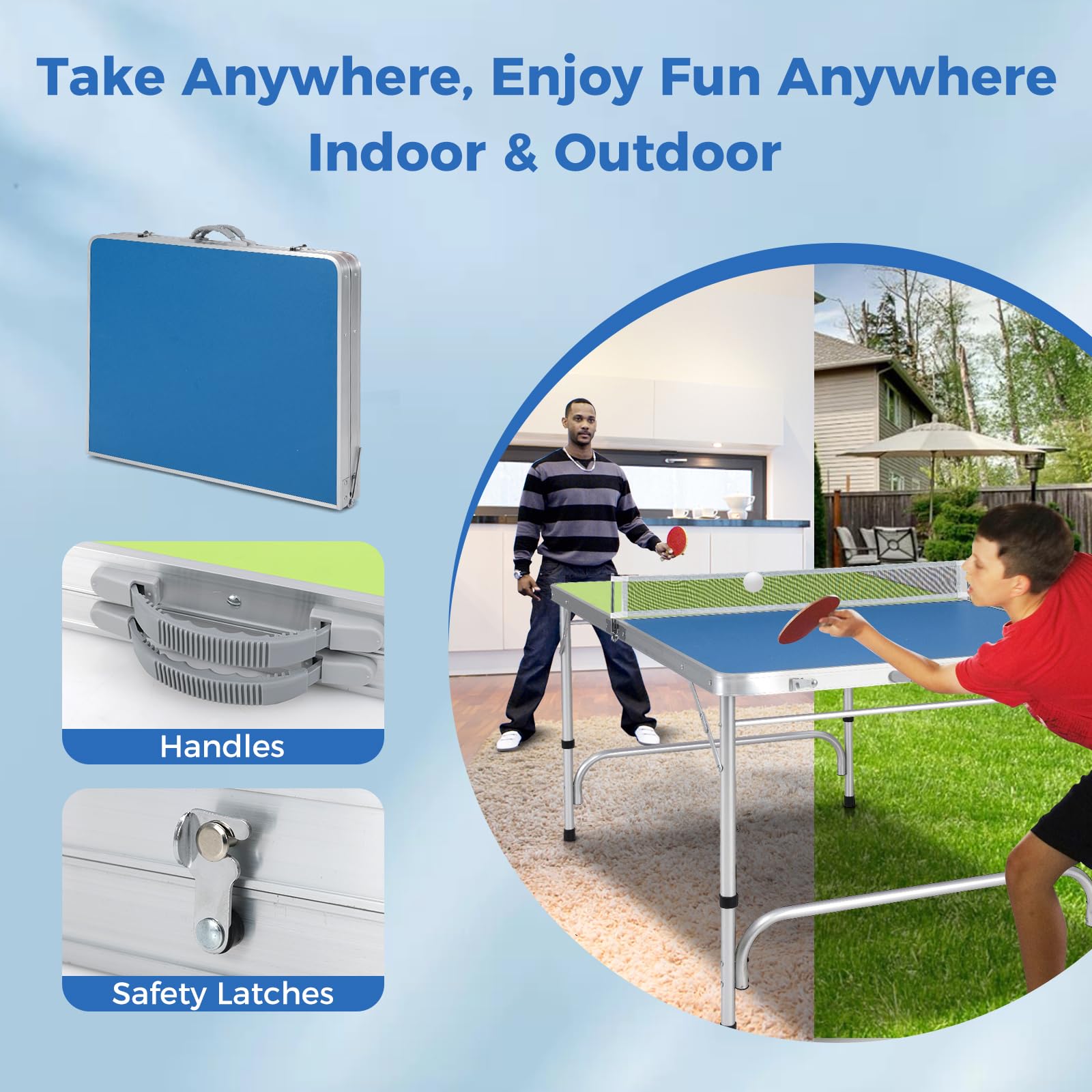 Foldable Ping Pong Table, 100% Preassembled, Table Tennis Table with Net, 2 Paddles( Blue&Green-47'' )