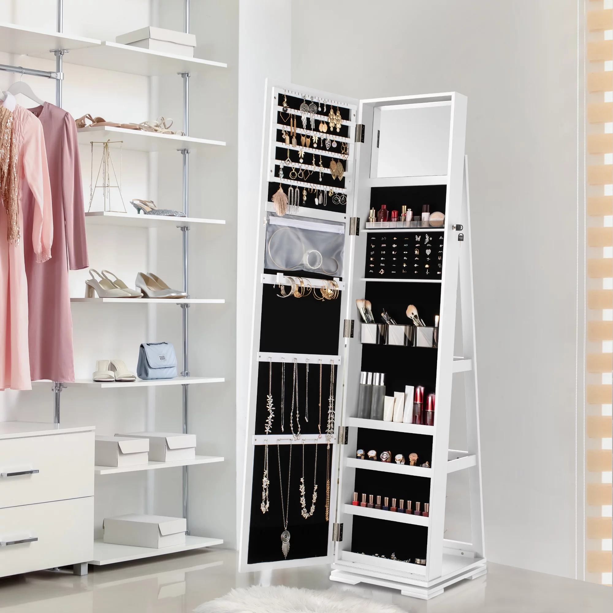 Dextrus 360�� Swivel Jewelry Cabinet, Lockable Standing Jewelry Armoire with Full-Length Mirror, Rear Storage Shelves, White