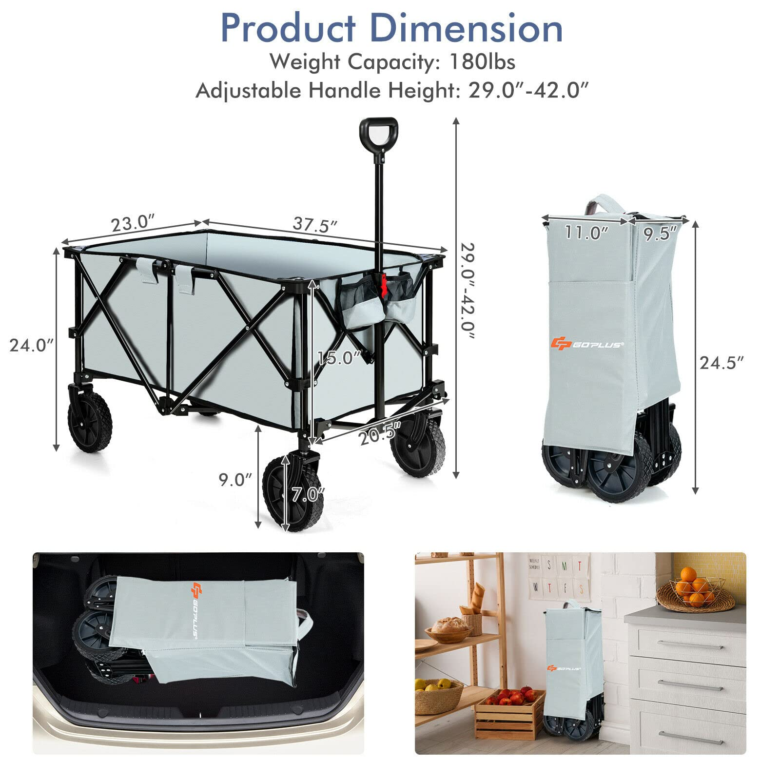 Collapsible Wagon, Folding Utility Wagon Cart w/Universal Wheels & Adjustable Handle & Cover Bag