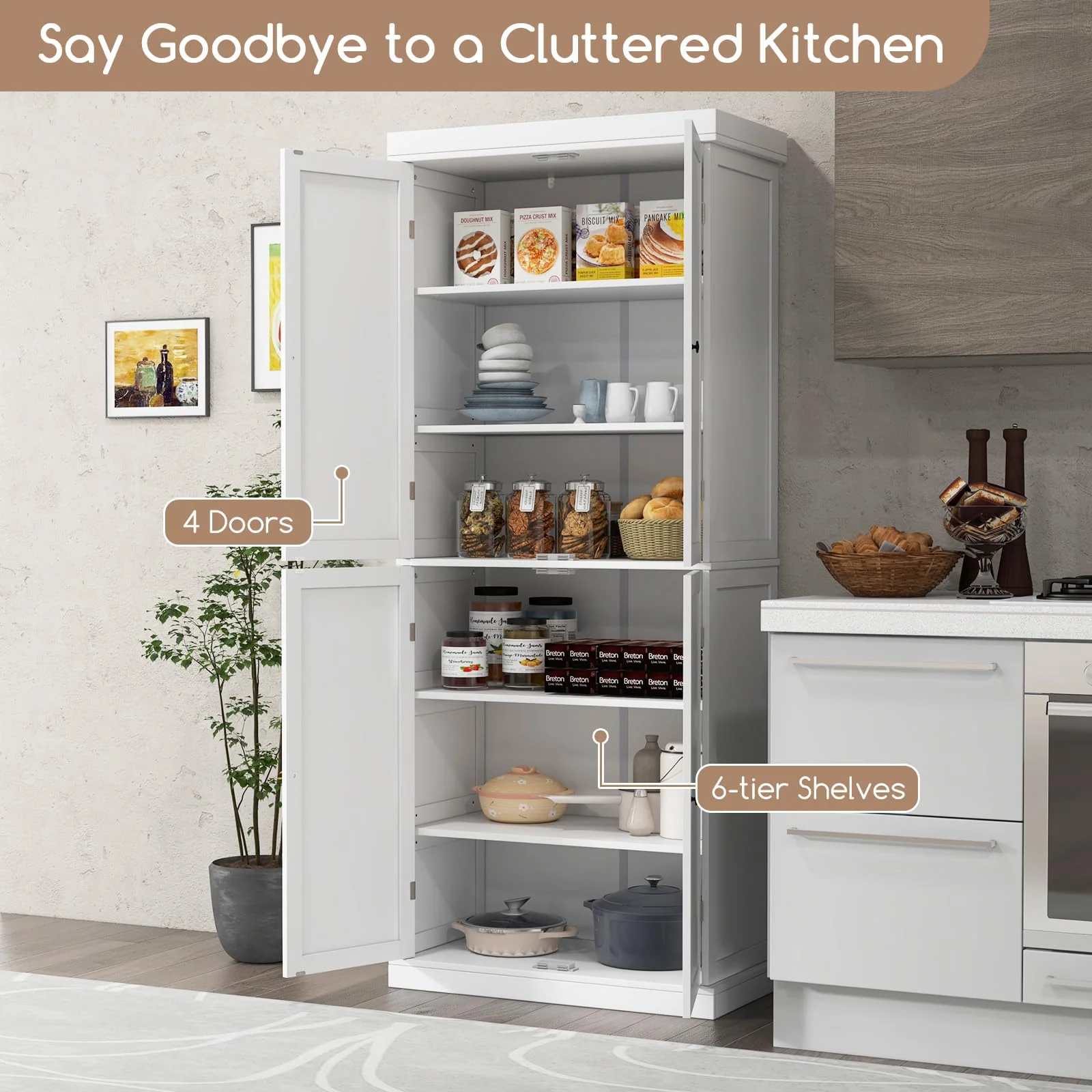 Giantex 184.5cm Freestanding Tall Buffet Cabinet, 4 Door Kitchen Pantry