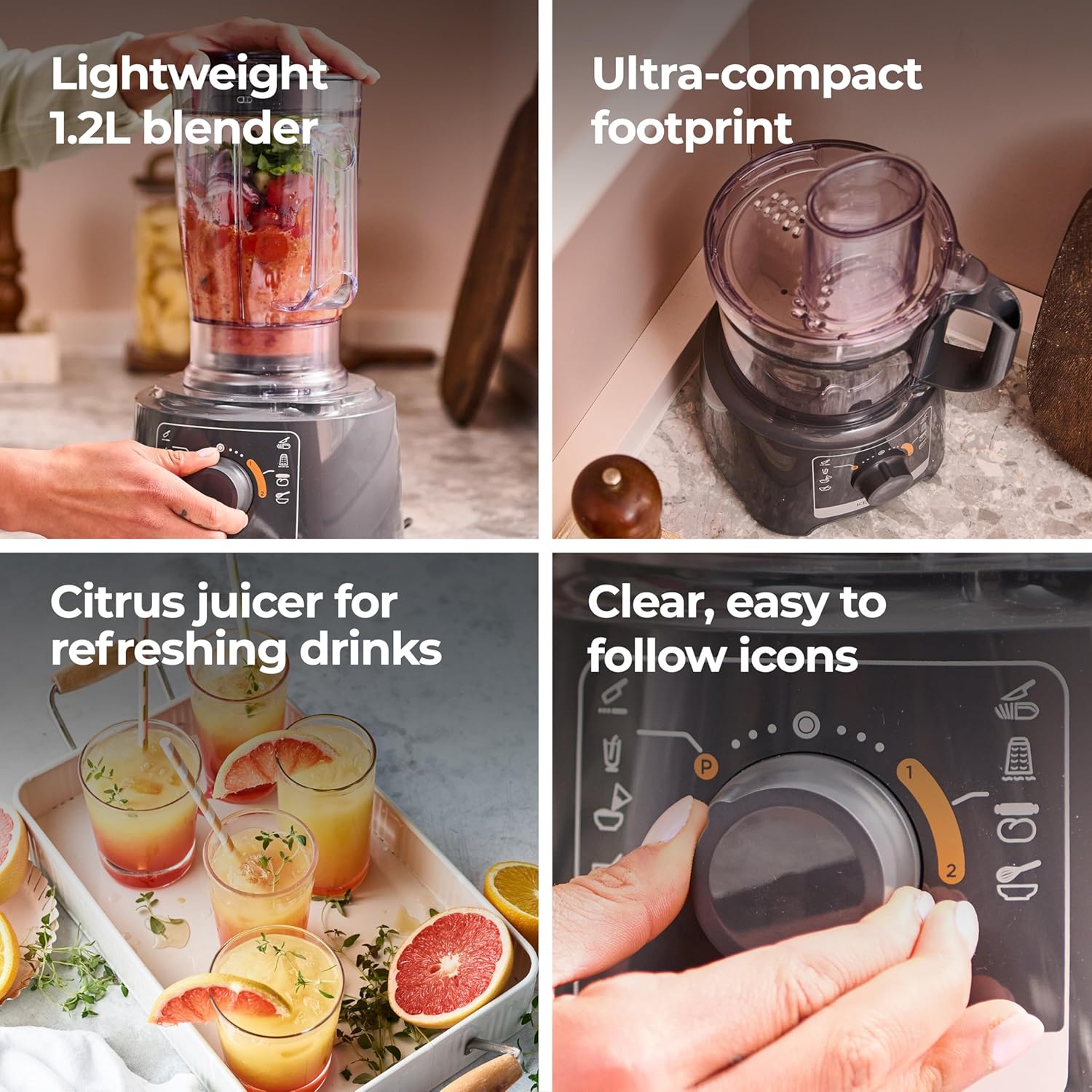 Kenwood MultiPro Compact Food Processor and Blender FDP31.360GY, Includes 1.2L Blender Bowl and 1.2L Food Mixer Bowl, Citrus Juicer, Slicing Grating Disc, Variable Speed with Pulse Function, 800W, Grey