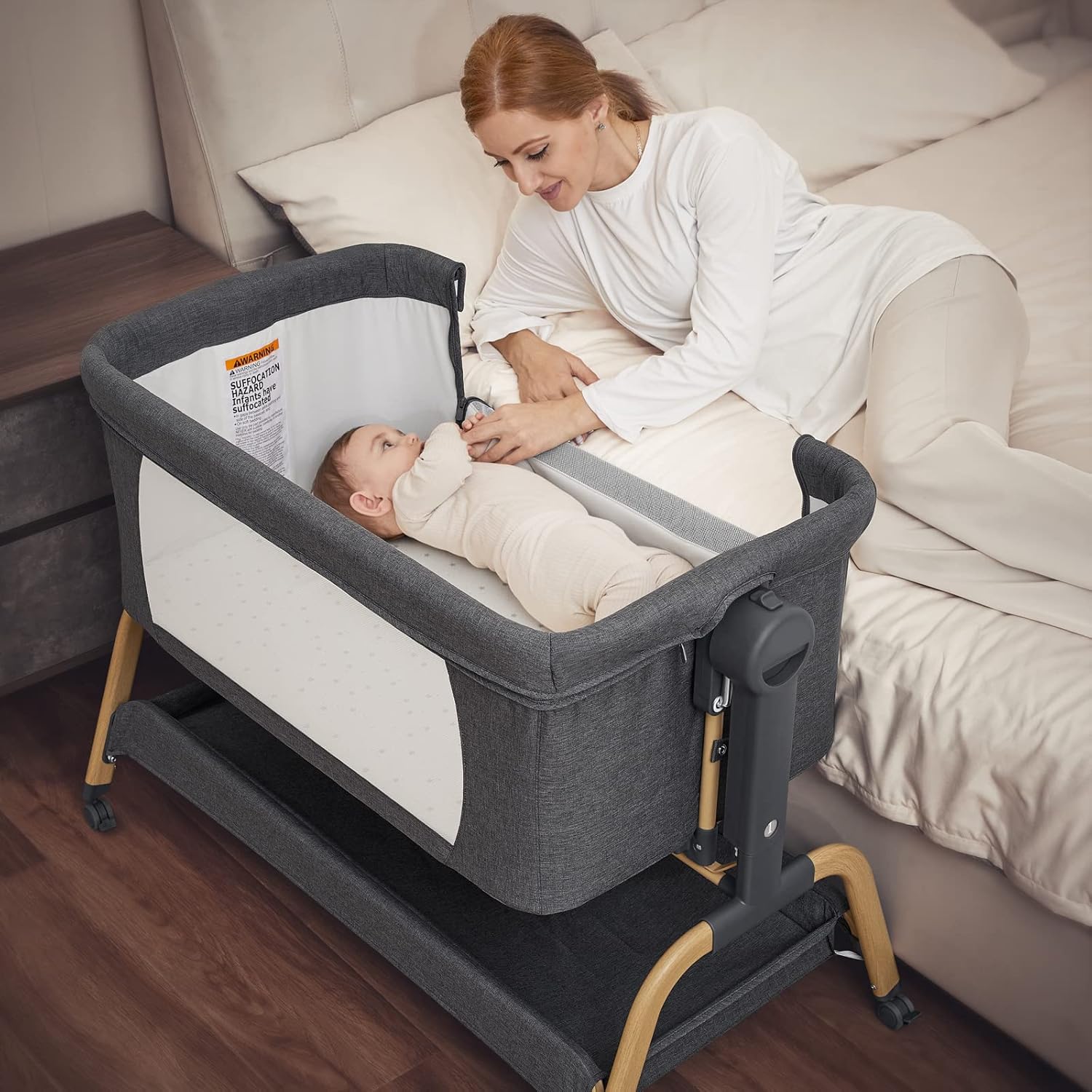 Baby Bassinet, Rocking Bassinets Bedside Sleeper with Comfy Mattress and Wheels, 6 Height Adjustable Easy Folding Portable Bedside Crib for Newborn Infant