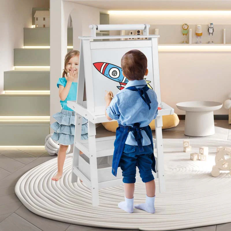 3-in-1 Double-Sided Kids Art Easel, Wooden Storage Toddler Easel with Magnetic White Board & Chalkboard, Paper Roll, Painting Dry Erase