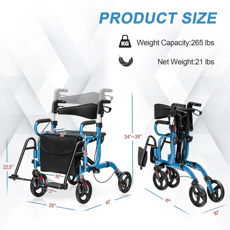 2 in 1 Folding Rollator Walker with Seat & Bag, Aluminum Medical Walker Rolling Transport Chair Mobility Walking Aid