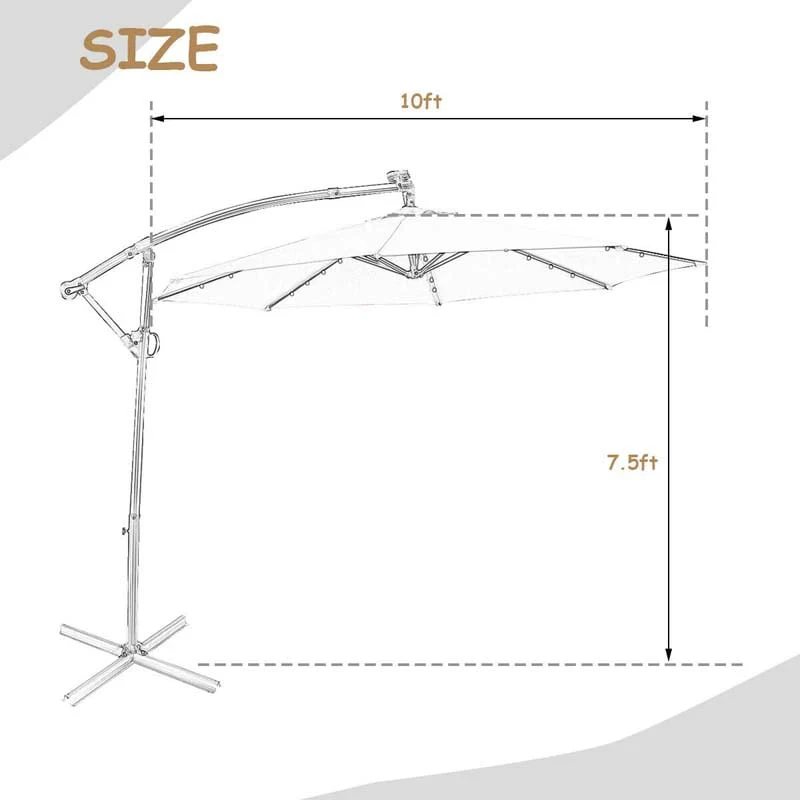 10 FT Patio Offset Umbrella with Solar Lights 360�� Rotation Outdoor Market Umbrella with Crank Handle & Cross Base