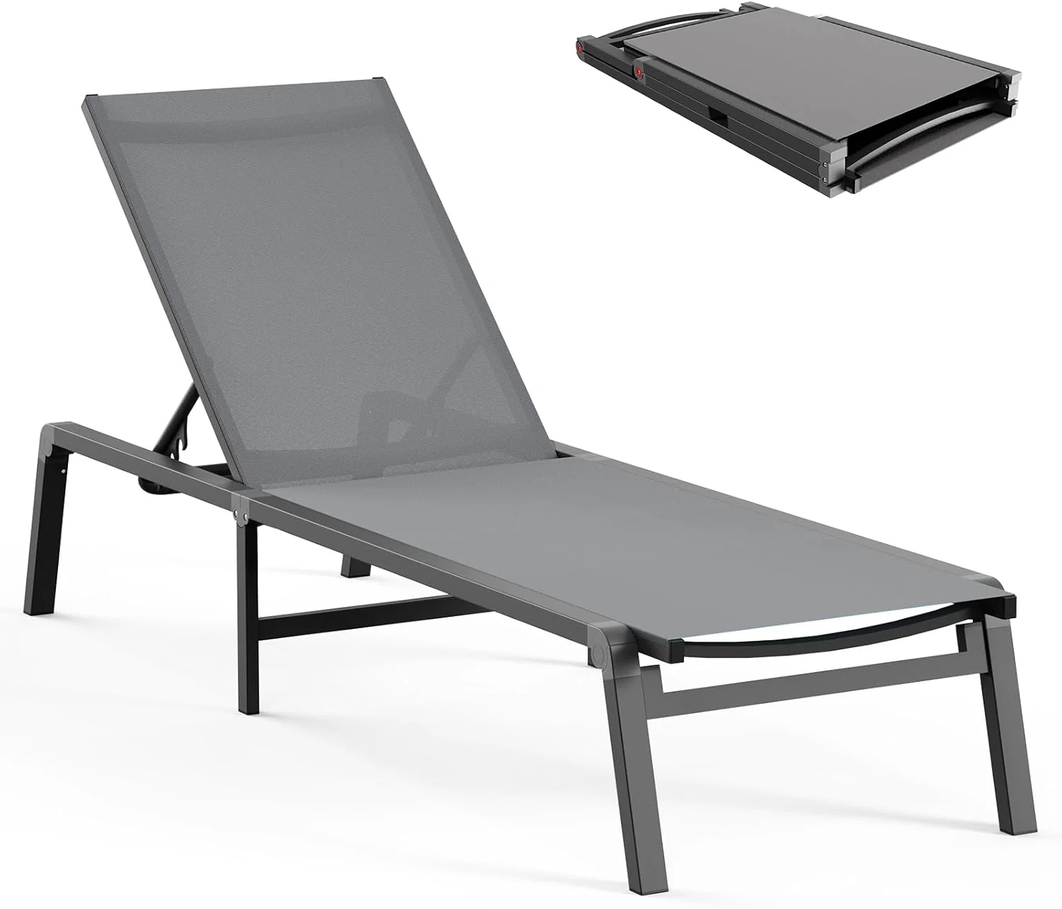Aluminum Chaise Lounge Ourdoor - Foldable & Assemble Free Outdoor Lounge Chair with 5 Adjustable Backrest, Patio Lounge Chair for Outside Poolside Beach Pool, Black