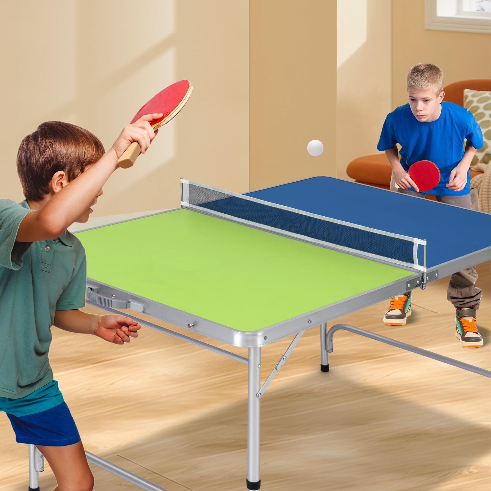 Foldable Ping Pong Table, 100% Preassembled, Table Tennis Table with Net, 2 Paddles( Blue&Green-47'' )