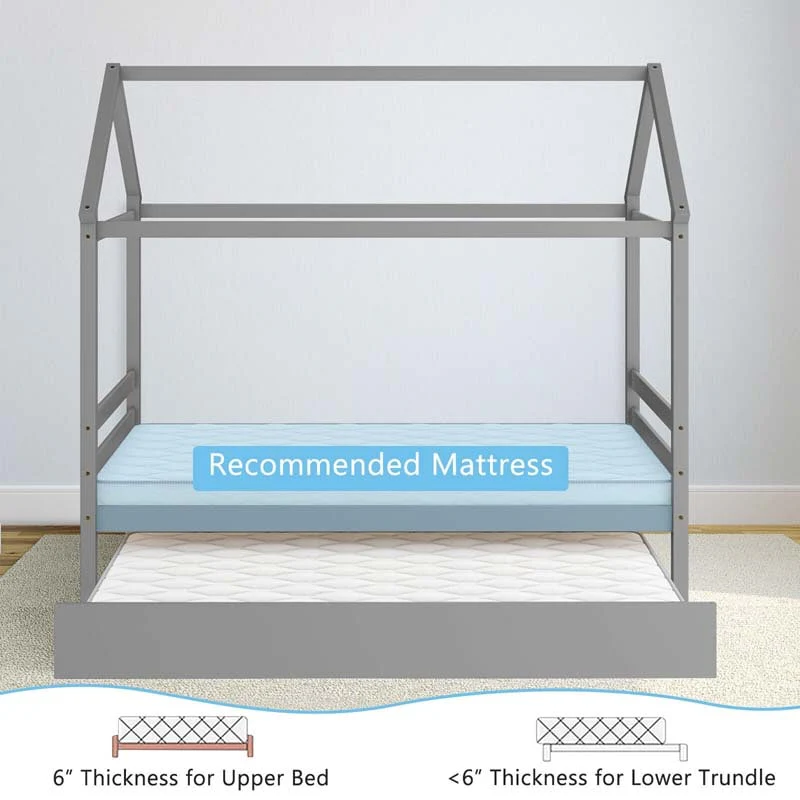 Twin Size House Bed with Trundle, Roof Wooden Platform Bed Frame, Playhouse Twin Bed for Kids Toddlers