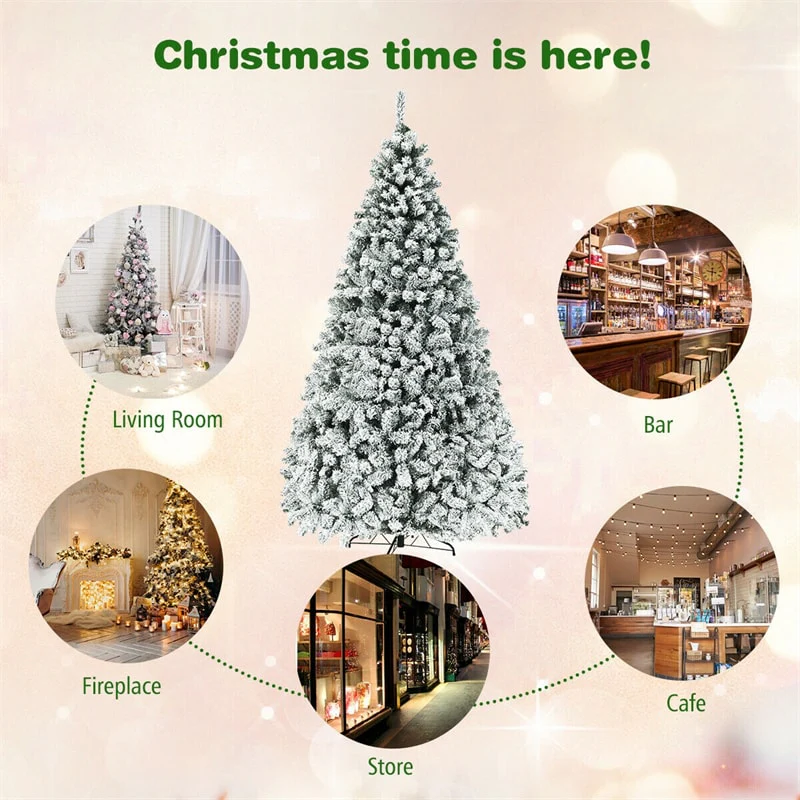 Premium Pre-Lit Snow Flocked Artificial Christmas Tree with Hinged Branch Tips & LED Lights