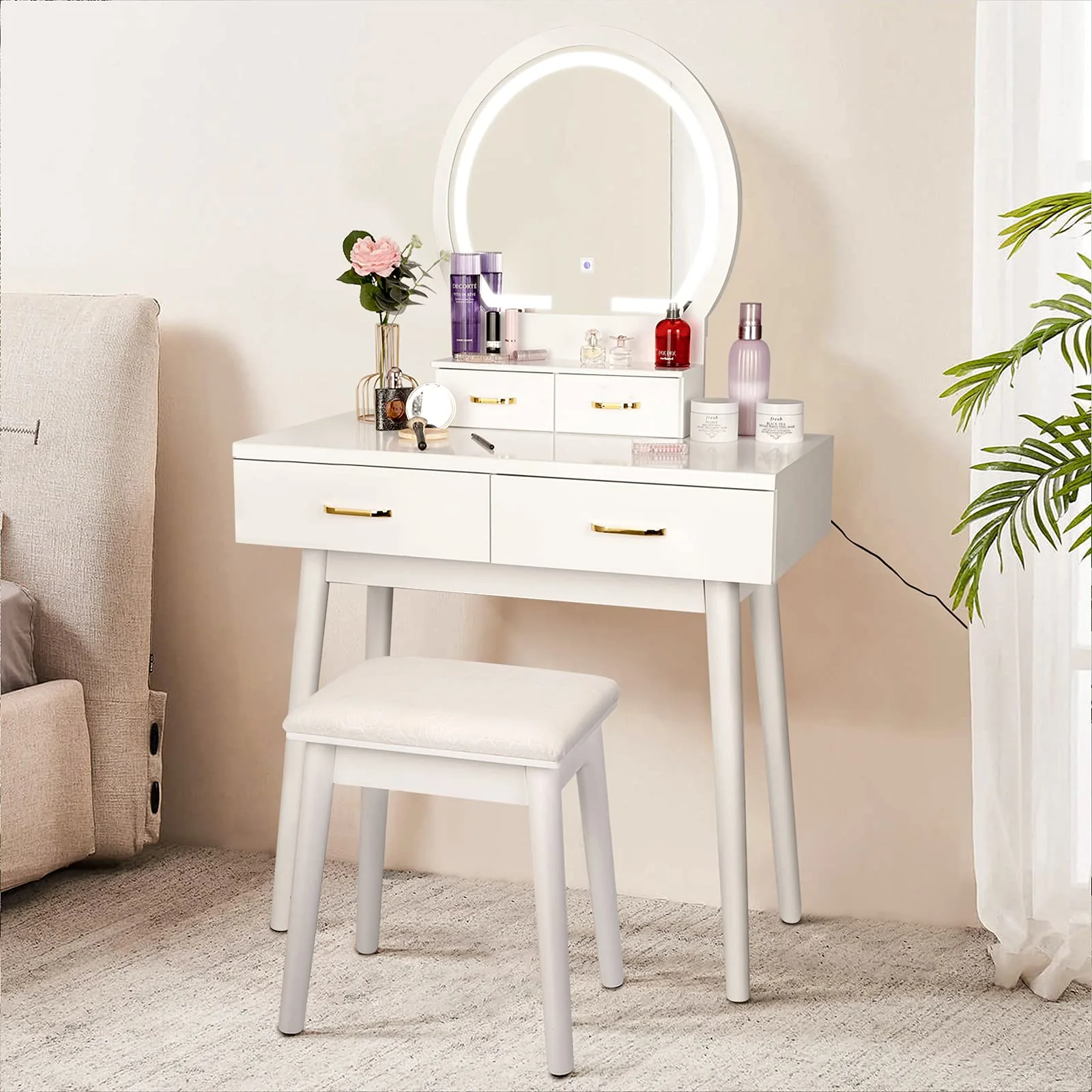 Vanity Desk with Lighted Mirror - 3 Color Lighting Modes Adjustable Brightness