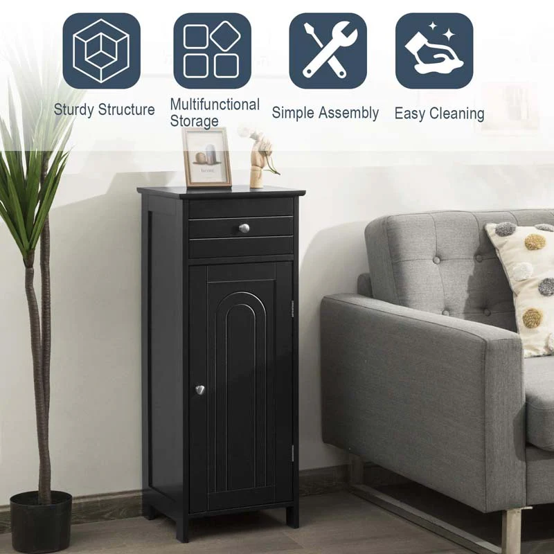 Free-Standing Wooden Floor Storage Cabinet w/Large Drawer & 2 Adjustable Shelves, Morden Side Storage Bathroom Organizer Cabinet