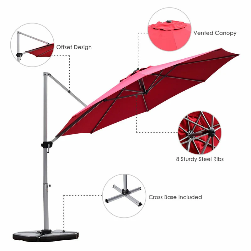 11 FT Patio Offset Cantilever Umbrella 360�� Rotation Tilt with Cross Base & Crank Handle