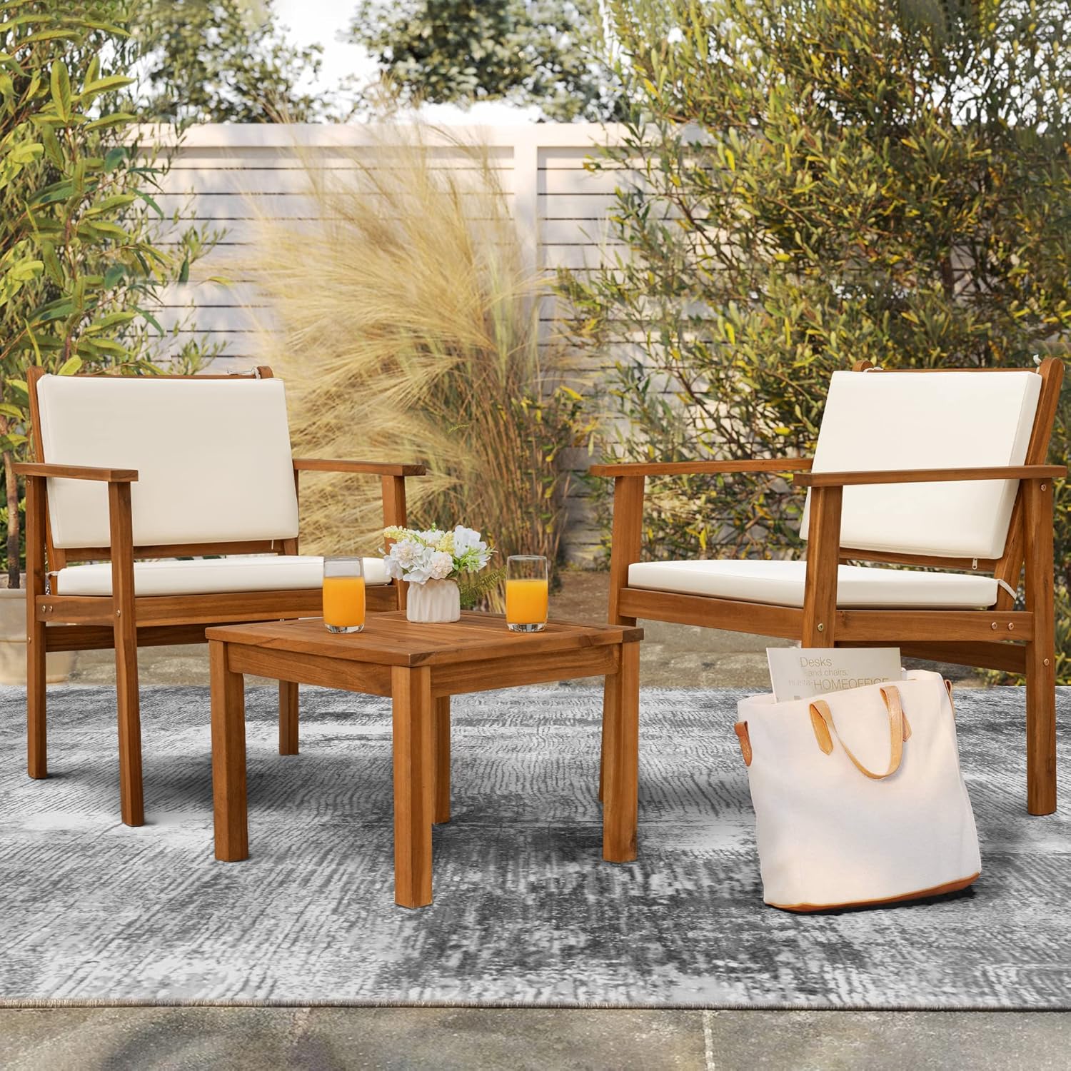 Flamaker Patio Furniture 4 Piece Outdoor Acacia Wood Patio Conversation Sofa Set with Table & Cushions Porch Furniture for Deck, Balcony, Backyard