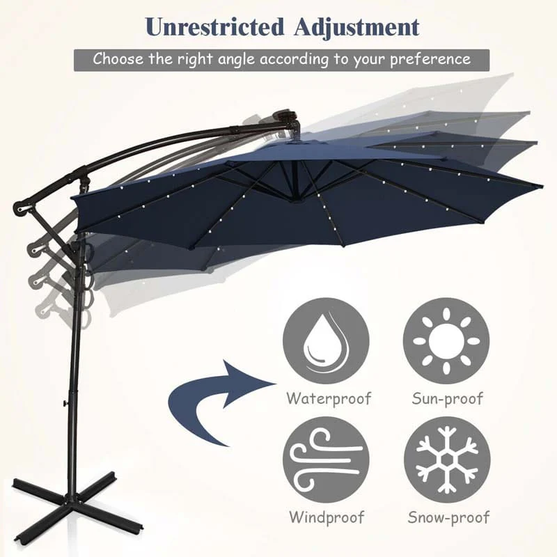 10 FT Patio Offset Umbrella with Solar Lights 360�� Rotation Outdoor Market Umbrella with Crank Handle & Cross Base