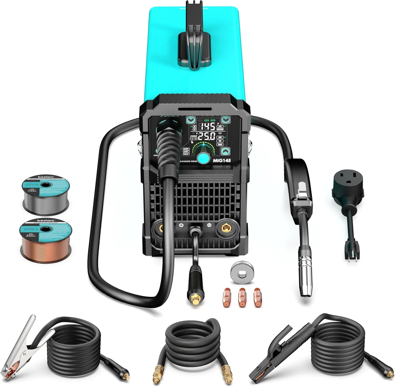 145A MIG Welder, 110V/220V Dual Voltage Gas/Gasless Flux Core MIG Welder/Lift TIG/Stick 3 in 1 Synergic MIG145 9GEN Welding Machine, Flux/Solid Welder Digital Screen Display