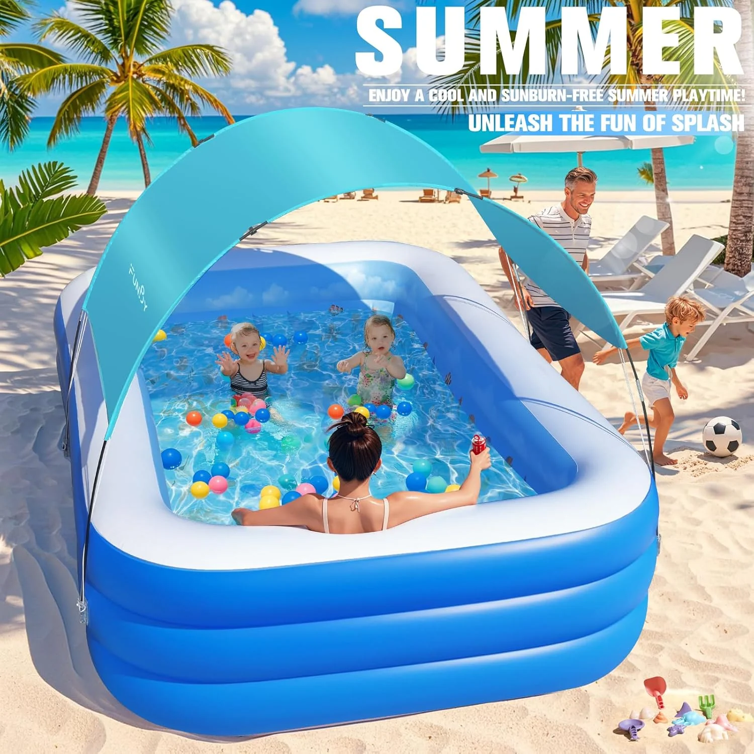 Inflatable Pool with Canopy,Upgraded Inflatable Swimming Pool for Kids,Adult,Large Inflatable Blow up Pools,Ocean Theme Oversized Thickened 105