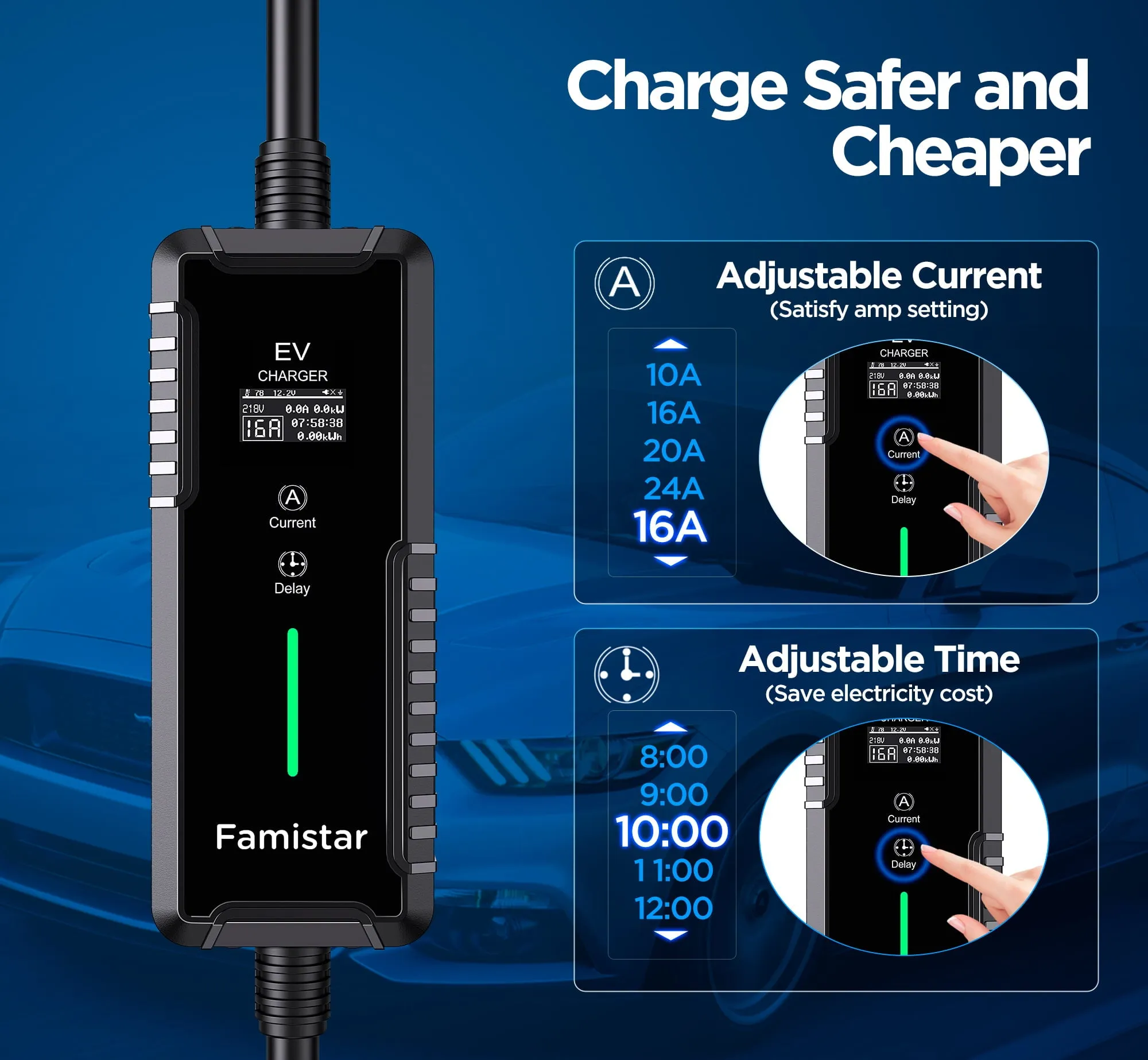 Level 2 & Level 1 EV Charger, 16Amp 110-240V Portable J1772 Electric Car Charger with Adjustable Amp Delayed Timer 25ft Long Cord