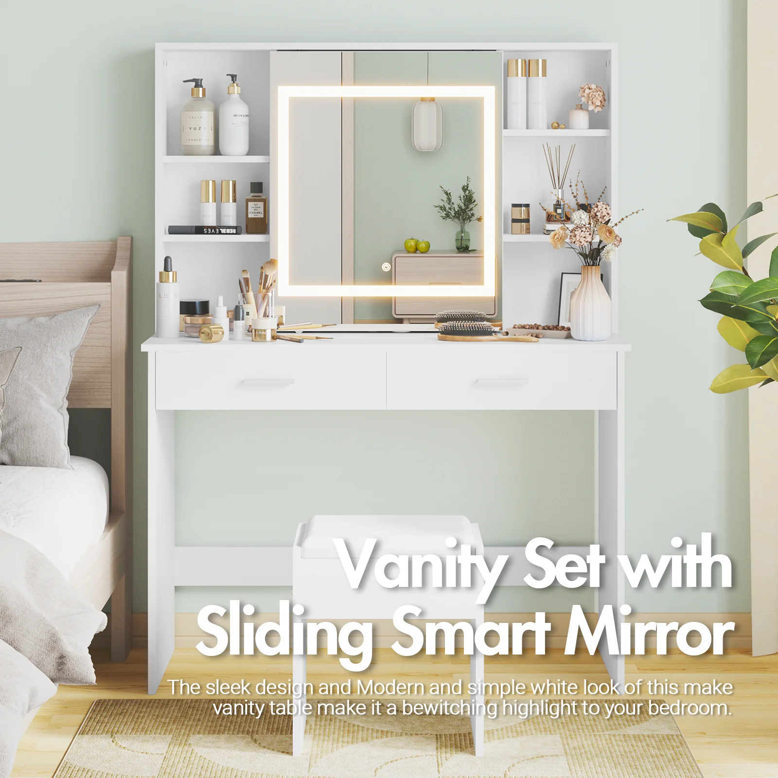 Dressing Table Stool Set LED Slide Mirror
