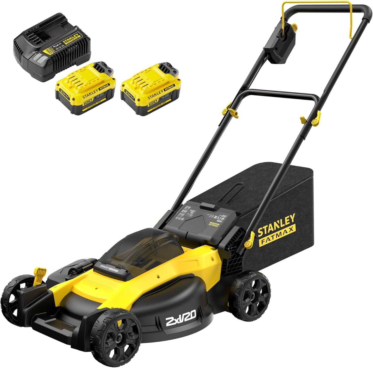STANLEY FATMAX V20 | 2x18V 51cm Brushless Mower Kit 4.0Ah - 28cm deck height, 3-IN-1: mulching, bagging or side discharge, 40L heavy-duty fabric grass collection basket, 2x4.0Ah Batteries, 2A Charger