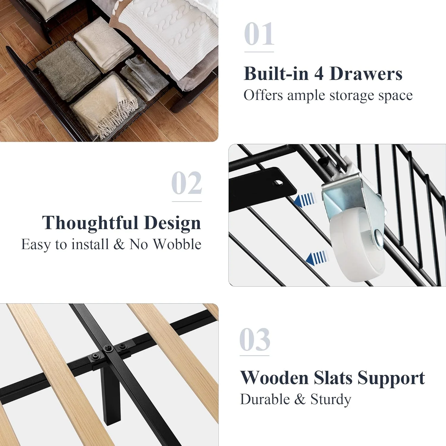 Allewie Upholstered Queen Size Platform Bed Frame with 4 Storage Drawers and Headboard, Square Stitched Button Tufted, Mattress Foundation with Wooden Slats Support, No Box Spring Needed, Light Grey