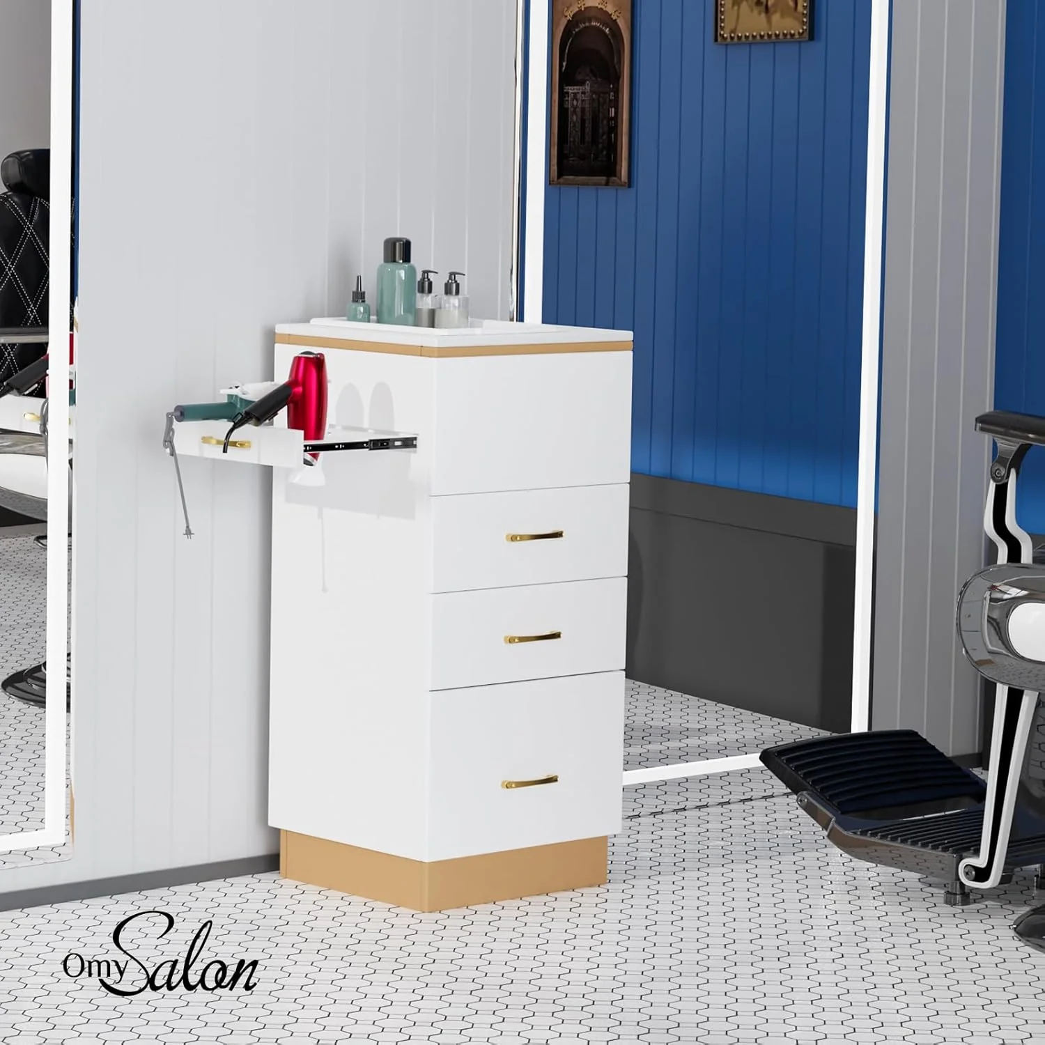 OmySalon Salon Storage Station, Barber Stations Beauty Salon Spa Equipment with 3 Drawers, a Storage Basin, 3 Hair Dryer Holders for Hair Styling, White Gold