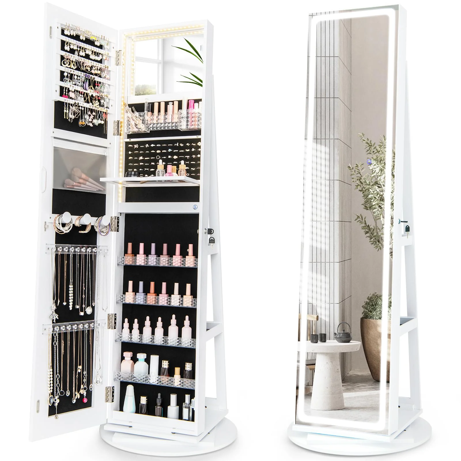 Giantex 160 cm Standing Jewelry Cabinet w/Adjustable LED Lights, 360�� Swivel Lockable Jewelry Armoire Organizer w/Full-Length Mirror