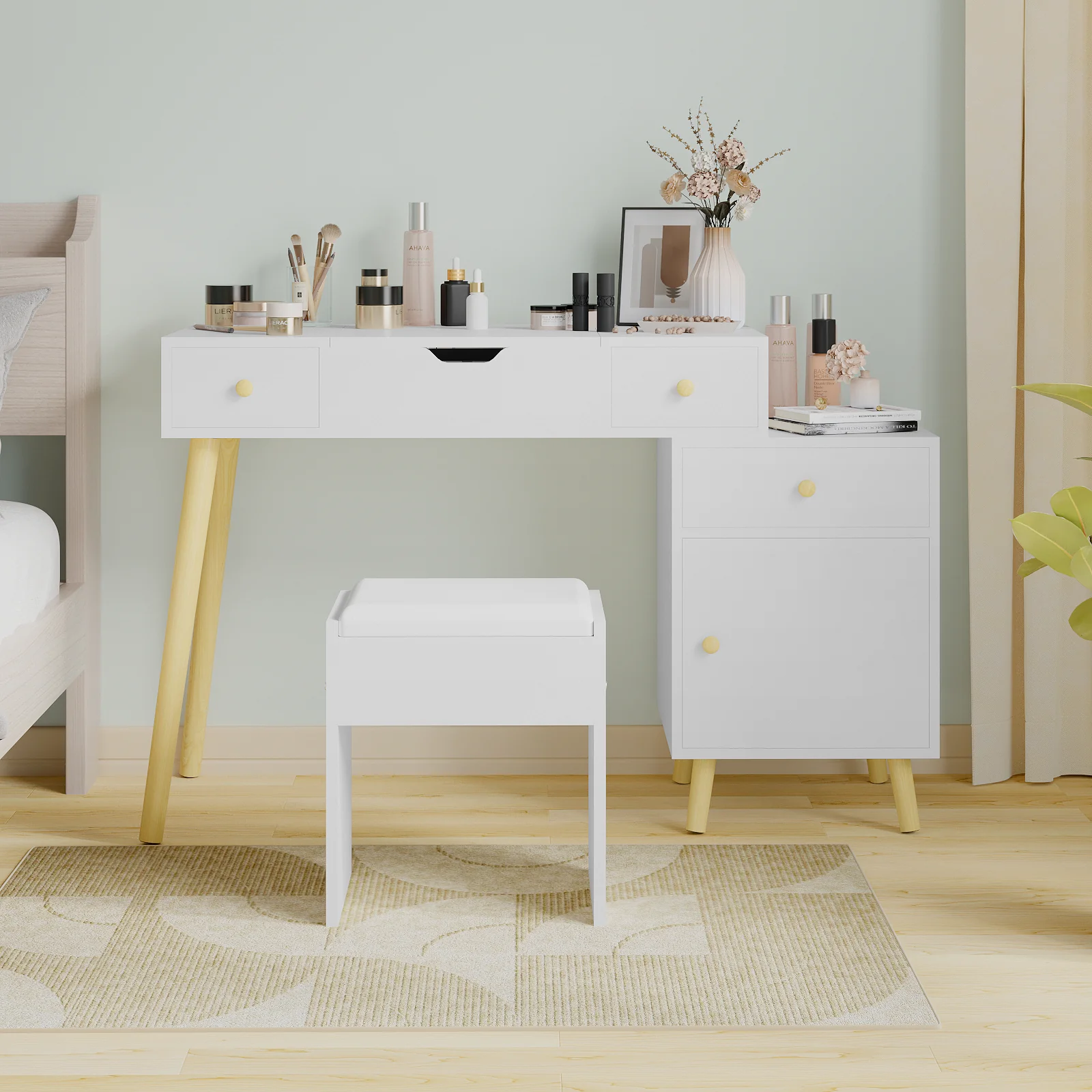 Dressing Table Stool Set Vanity Desk with Flip Top Mirror