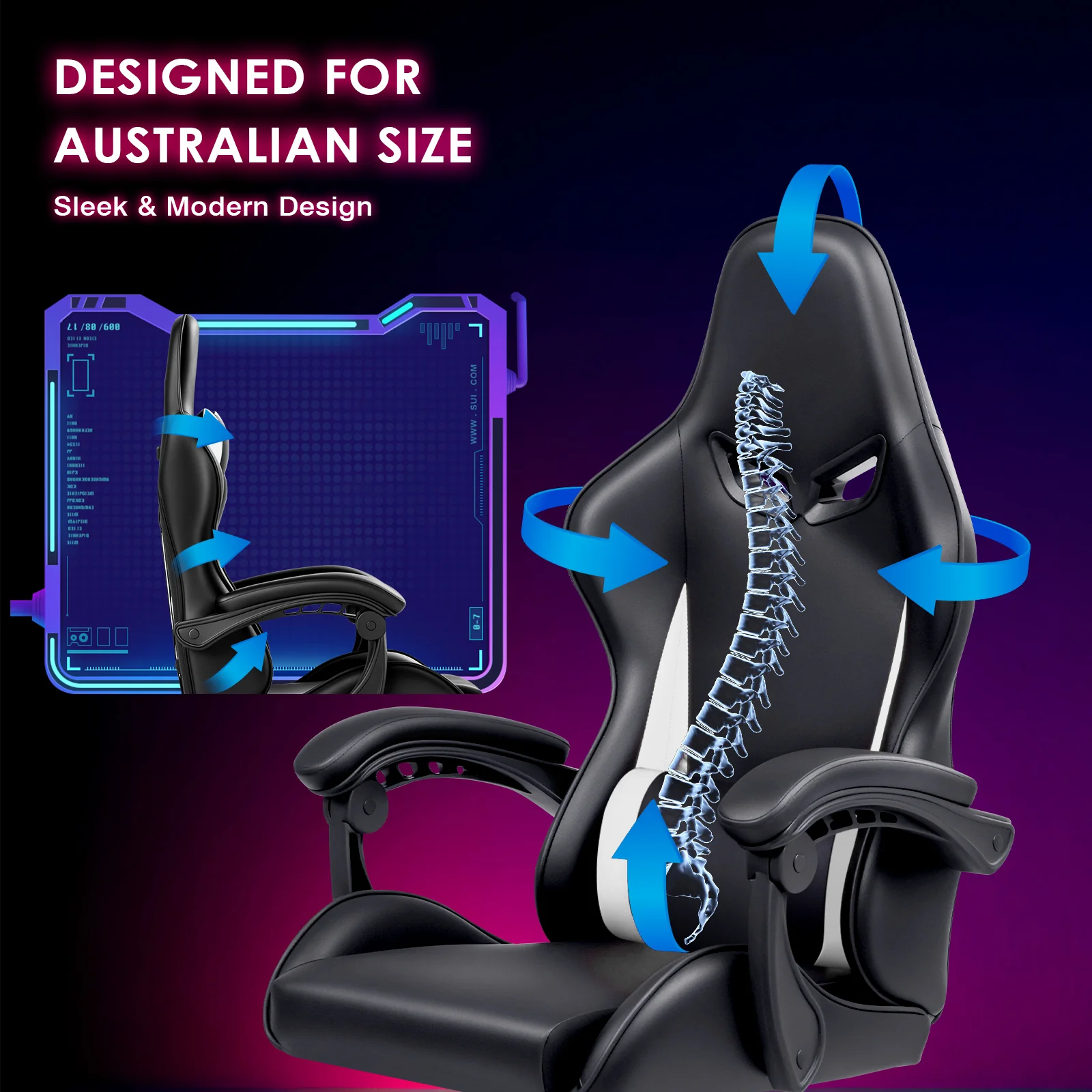 Gaming Chair Massage Lumbar with Footrest White
