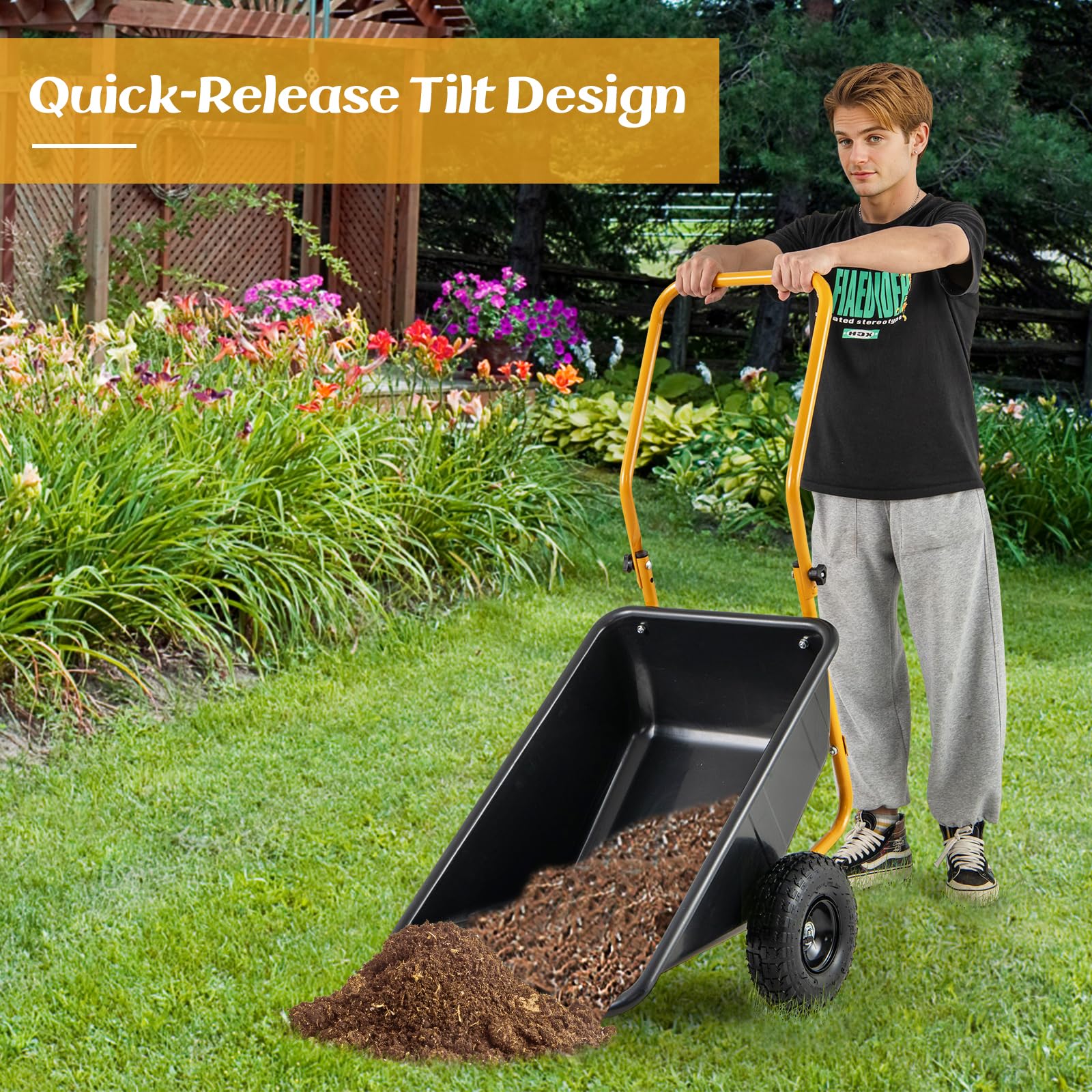Dual-Wheel Wheelbarrow, Heavy-Duty Garden Utility Cart w/Pneumatic Tires, 330LBS Capacity