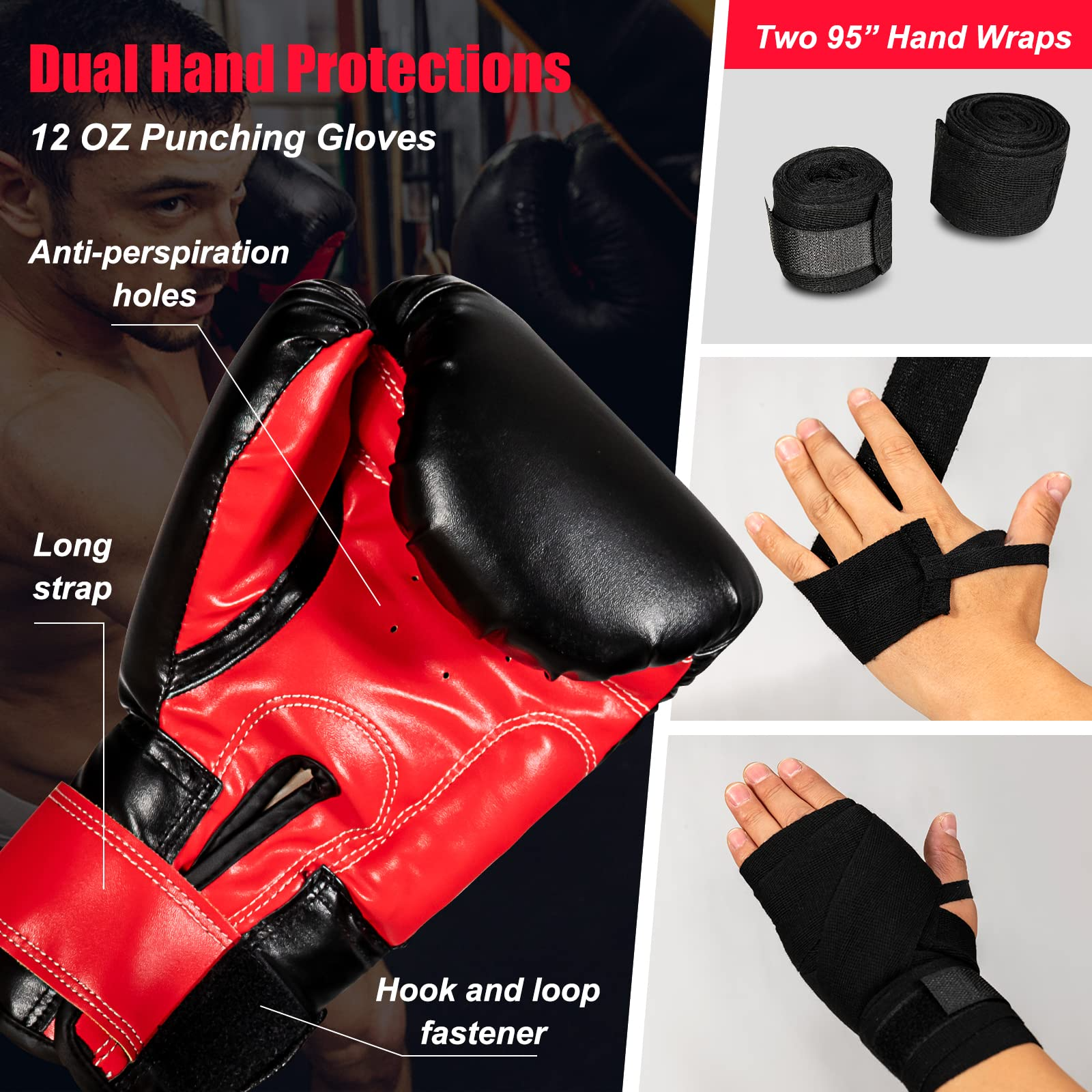 Punching Bag for Adults, 63LBS Filled Hanging Boxing Bag Set with 12OZ Boxing Gloves & 95