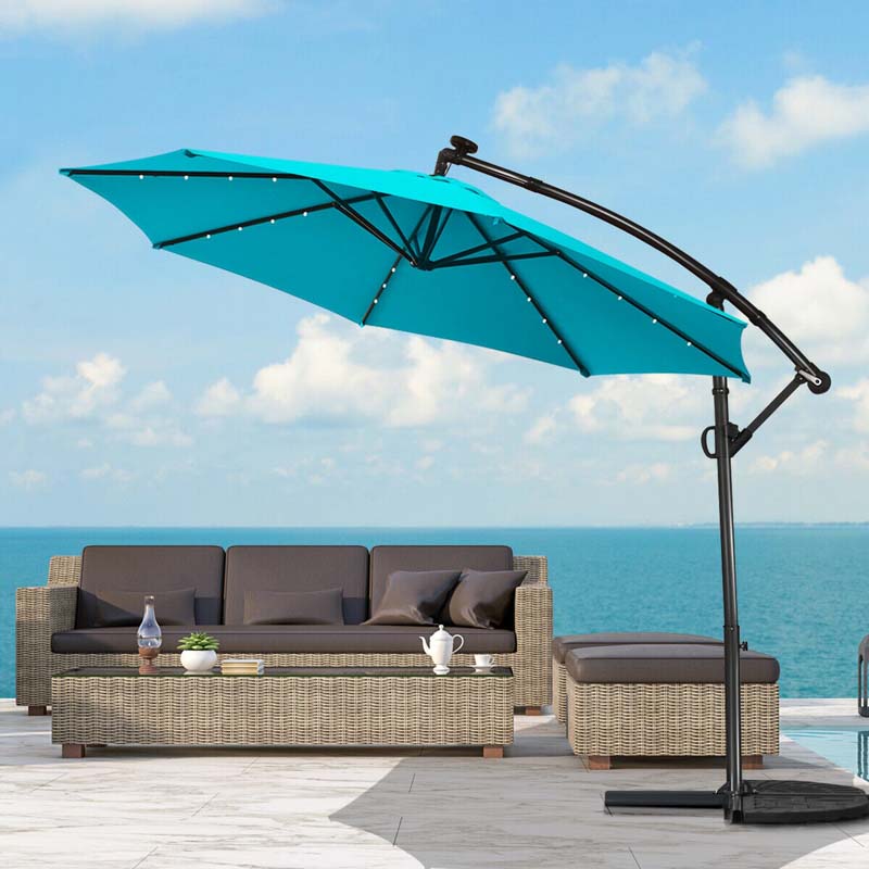 10 FT Patio Offset Umbrella with Solar Lights 360�� Rotation Outdoor Market Umbrella with Crank Handle & Cross Base