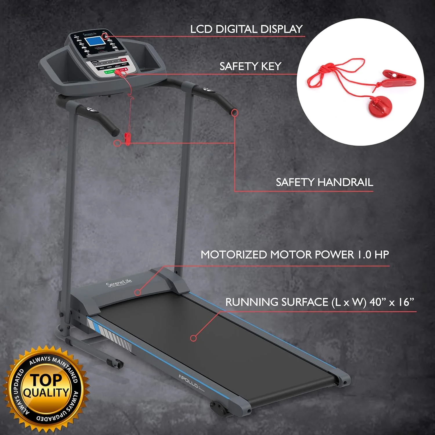 SereneLife Folding Treadmill - Foldable Home Fitness Equipment with LCD for Walking & Running - Cardio Exercise Machine - Preset and Adjustable Programs - Bluetooth Connectivity