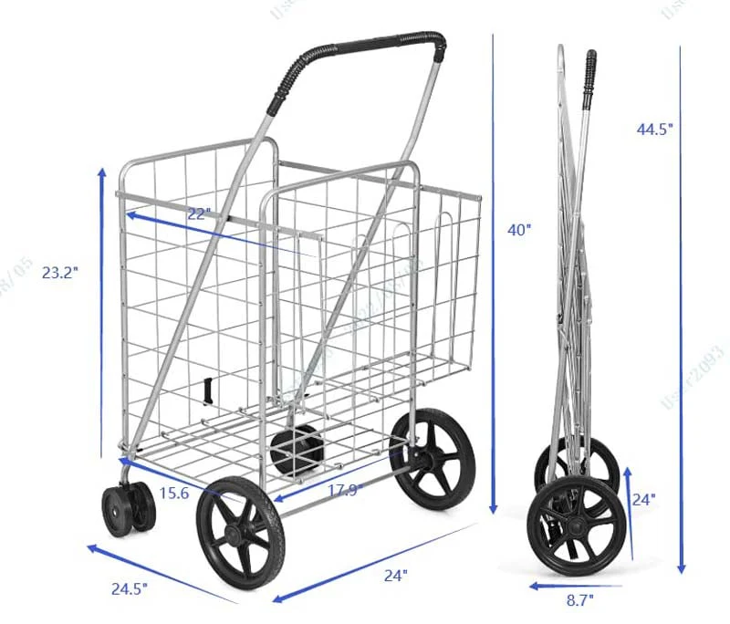 Jumbo Folding Shopping Cart Large Rolling Grocery Utility Cart with Double Basket & 360�� Swivel Wheels