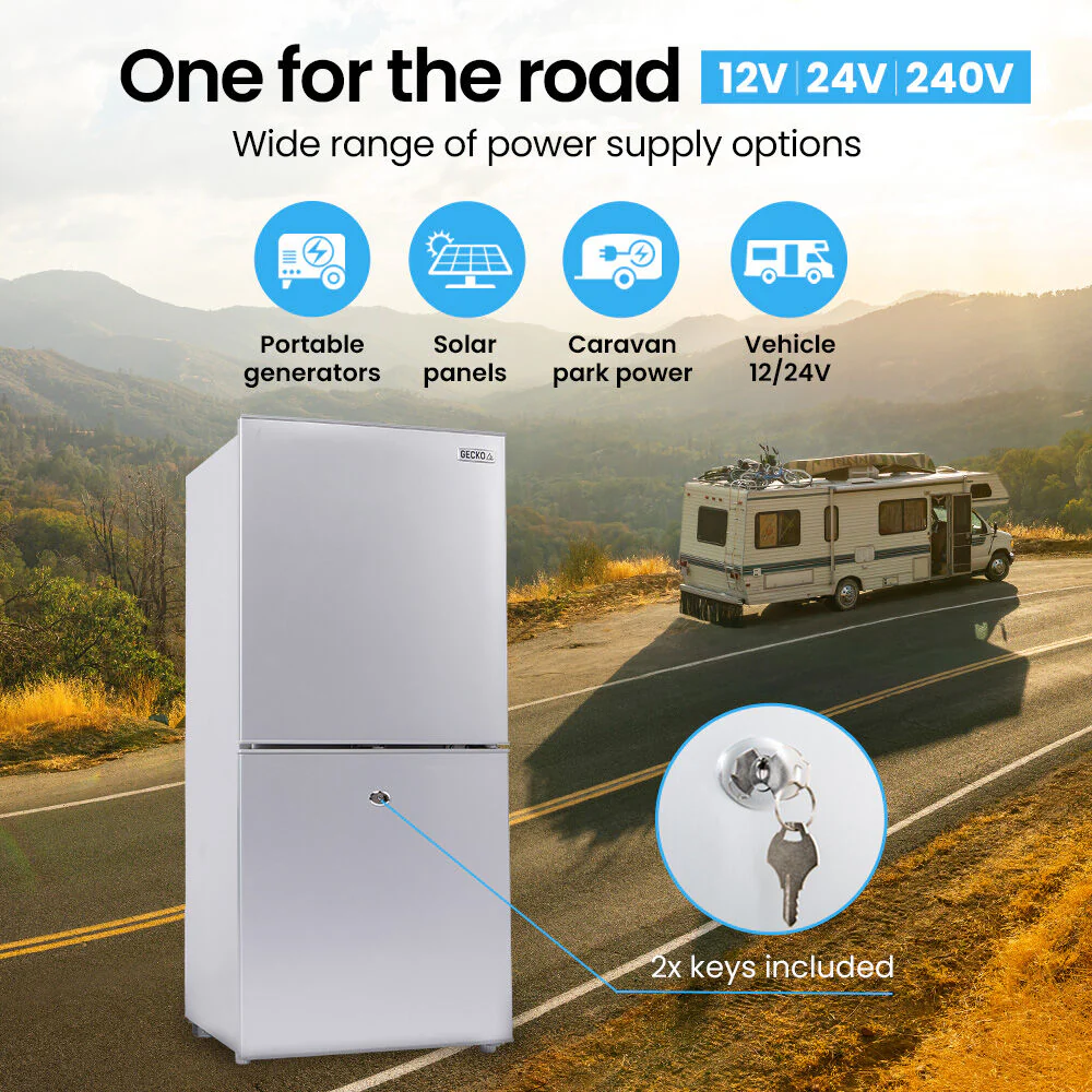 GECKO 119L Upright Portable Fridge / Freezer, 12V/24V for Motorhome and Caravan, Silver