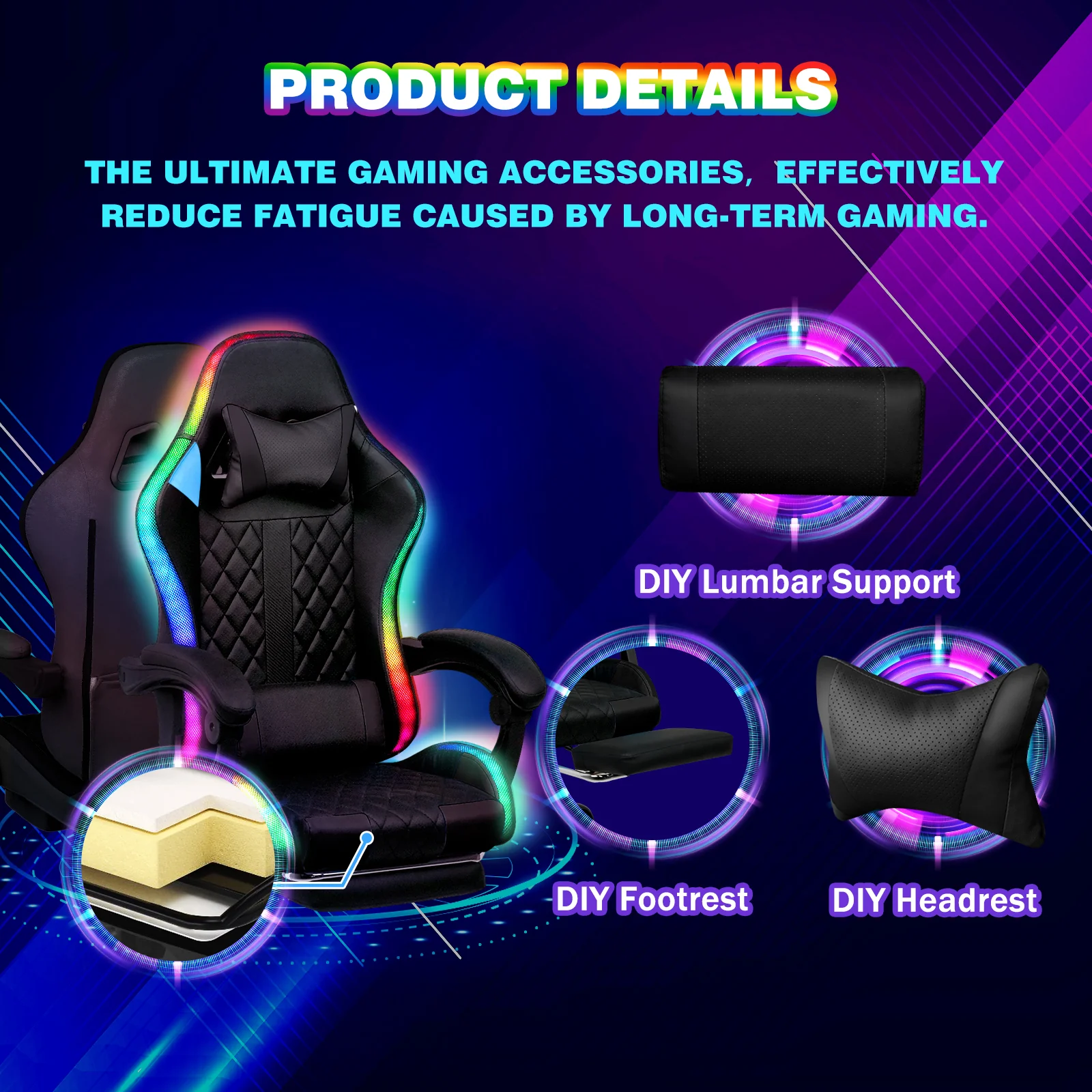 Gaming Chair 12 RGB LED Massage Chair Black