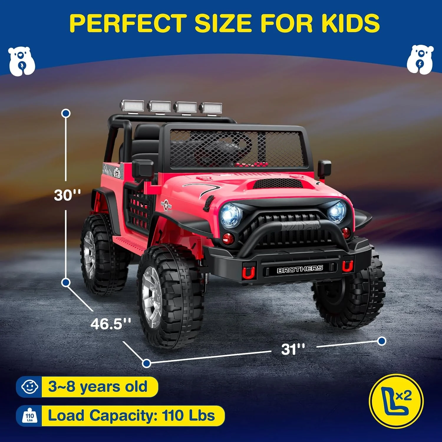 L8 Ride On Car, 2 Seater, 12V Kids Electric Car w/Remote Control, 4-Wheel Suspension, Bluetooth Speaker, Multi Music Modes, 3 Speeds, LED Lights, Xmas & Birthday Gift Ideas for Kids Ages 3+