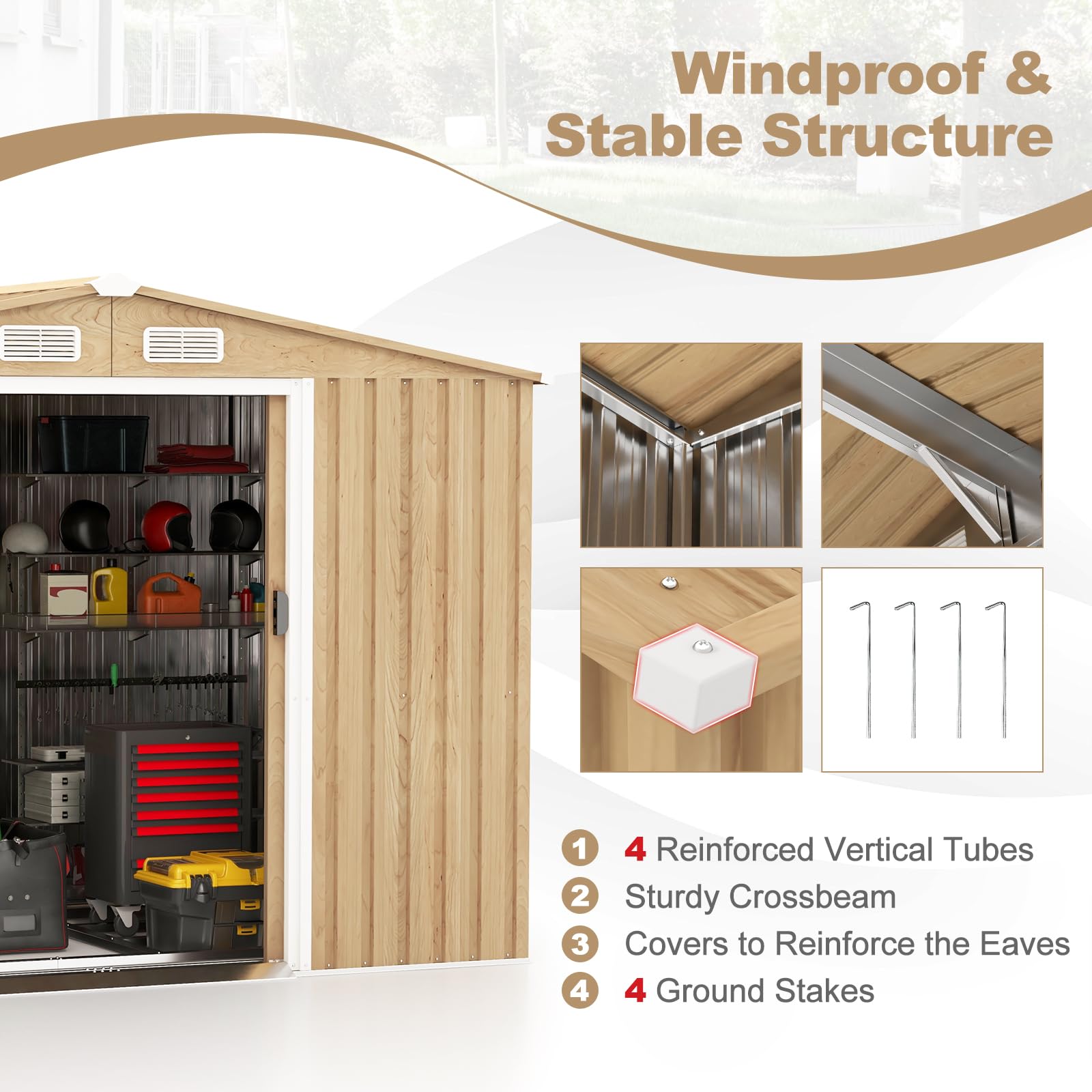 8' x 6' Woodgrain Outdoor Storage Shed, Galvanized Metal Tool House Organizer w/Base Floor, 4 Vents