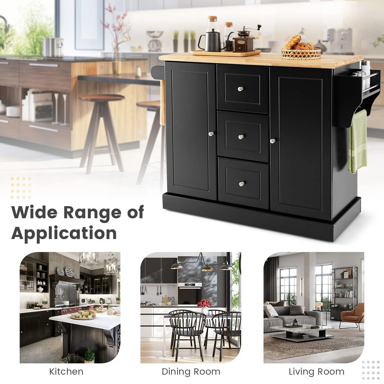 Giantex Large Mobile Kitchen Island Cart, Kitchen Island on Hidden Wheels, Rubber Wood Countertop