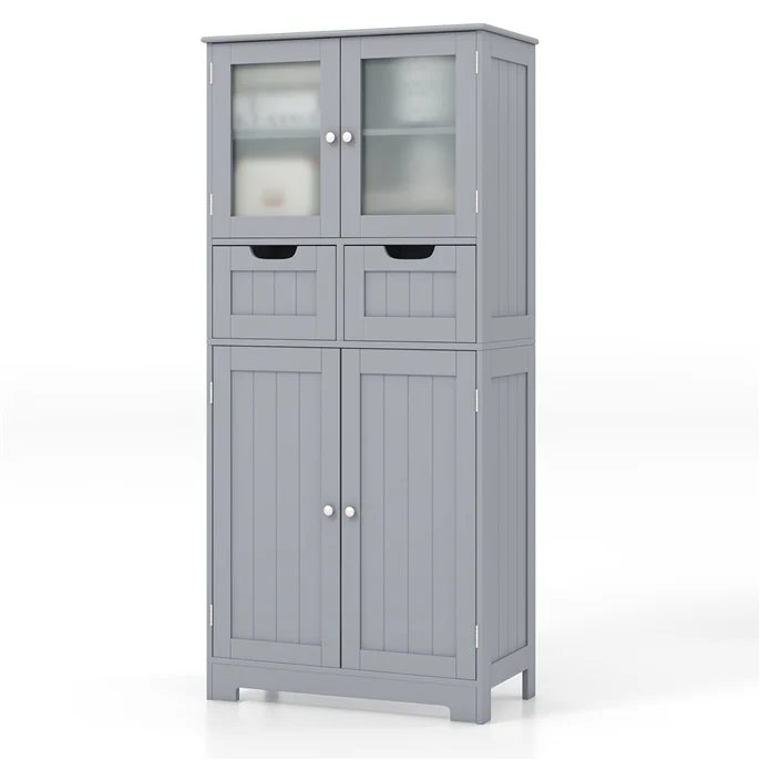 Giantex Floor Storage Cabinet with 4 Doors, Freestanding Bathroom Cabinet with 2 Glass Doors, White