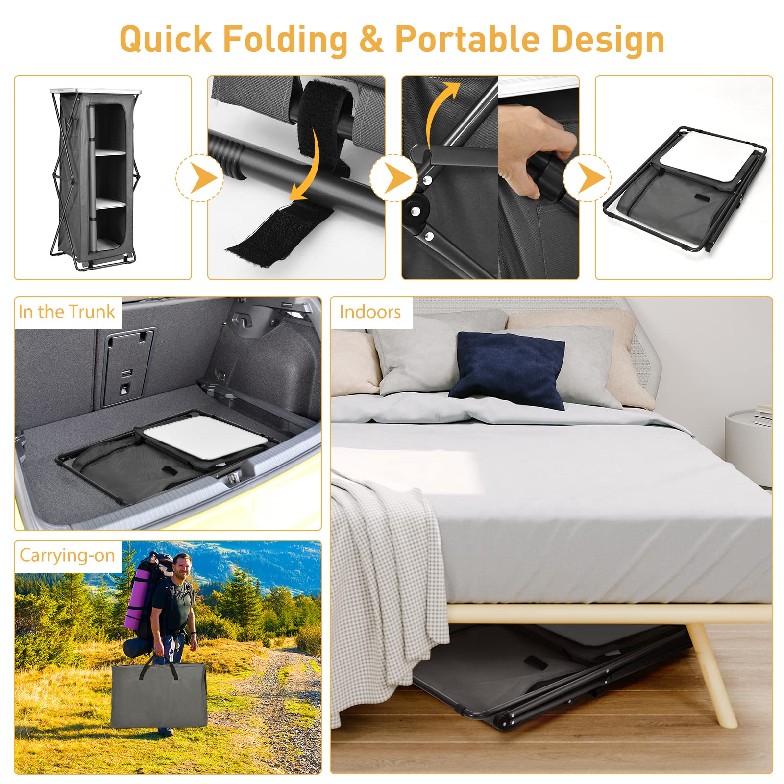 Folding Camping Storage Cabinet, Pop Up Outdoor Camping Kitchen Station with Large 3-Tier Storage Organizer