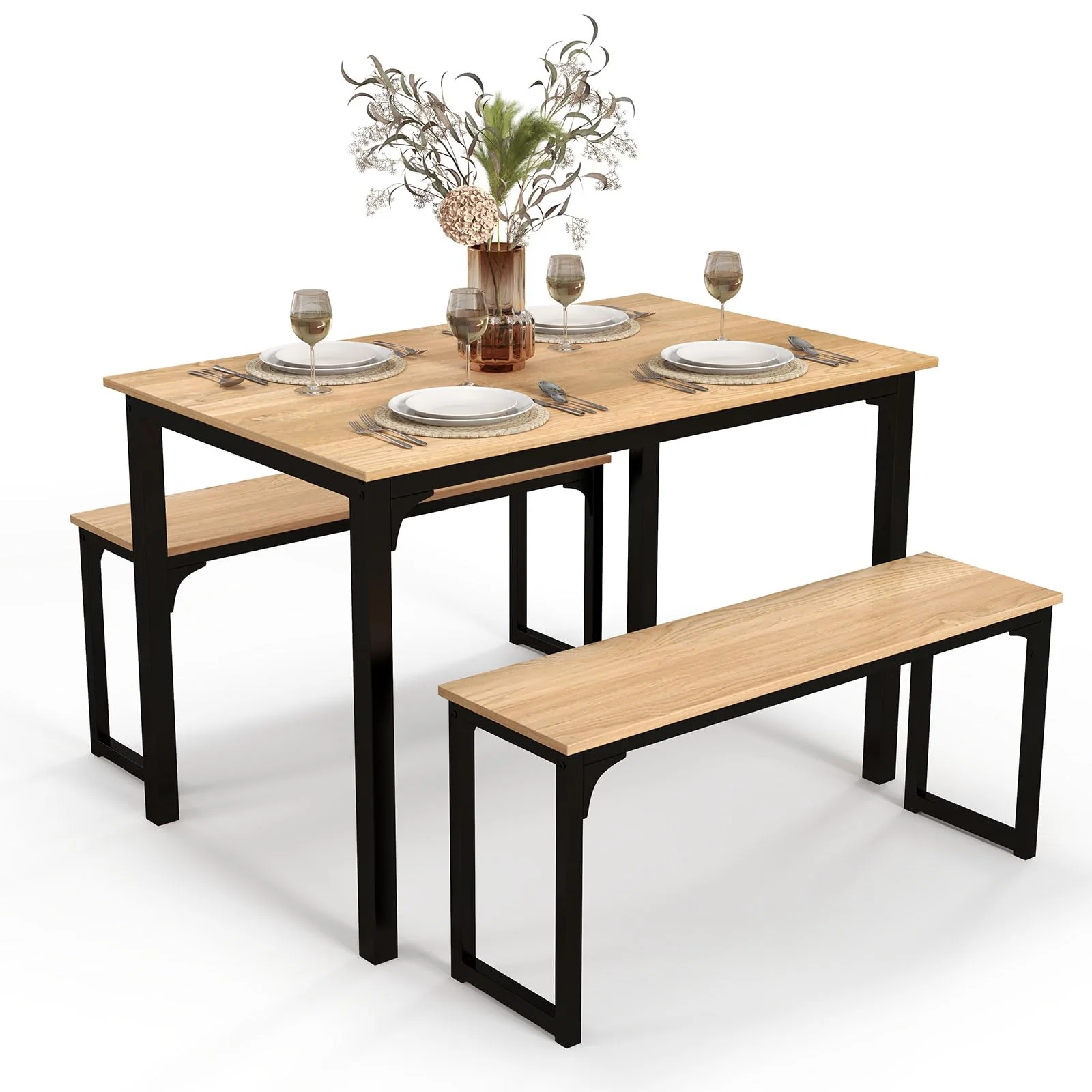 Giantex Dining Table Set for 4, 3 PCS Farmhouse Kitchen & Dining Room Furniture Kit with 2 Benches