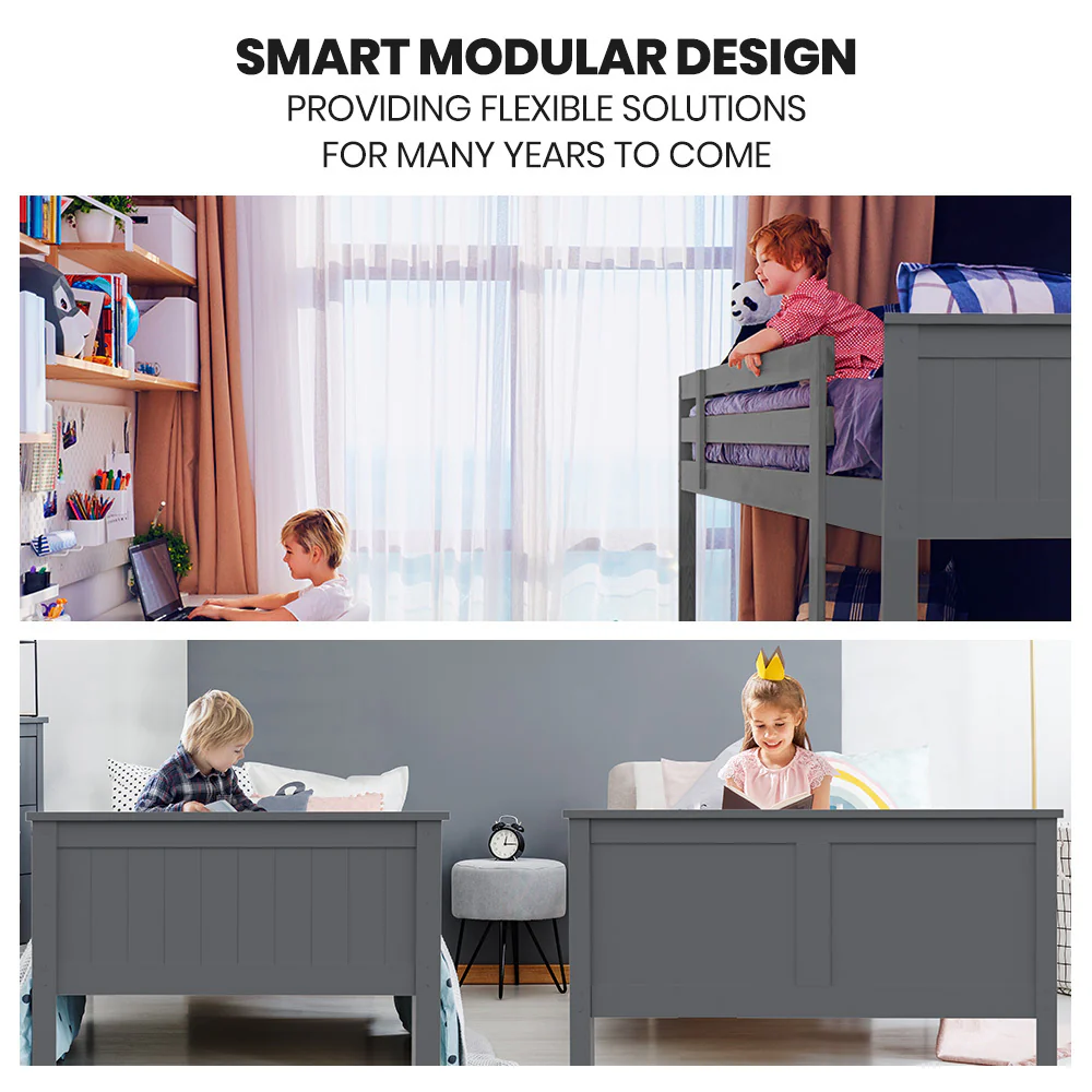 Kingston Slumber Triple Wooden Single Over Double Bunk Bed Frame for Kids, Convertible Design, Grey