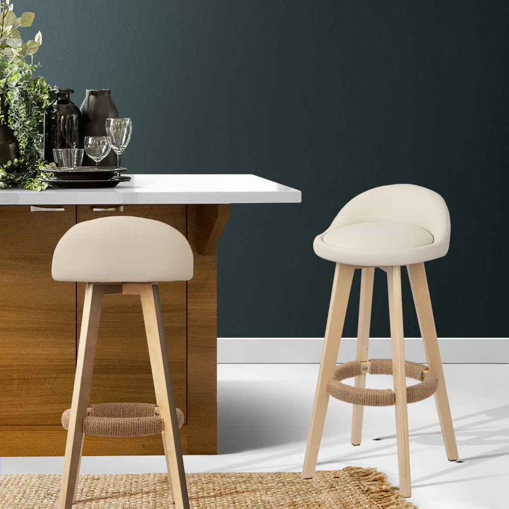 Artiss 2x Bar Stools Padded Leather Wooden Beige