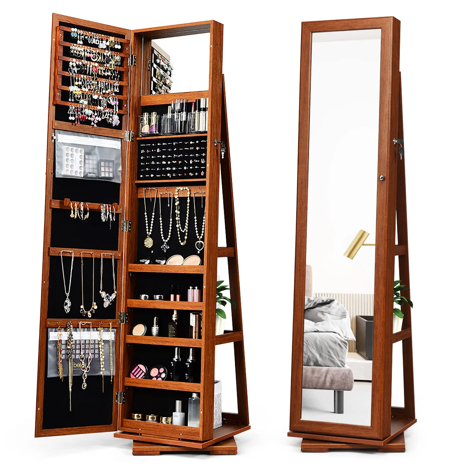 Giantex 360 Rotating Mirrored Jewelry Cabinet, Free Standing Jewelry Armoire, Full Length Mirror