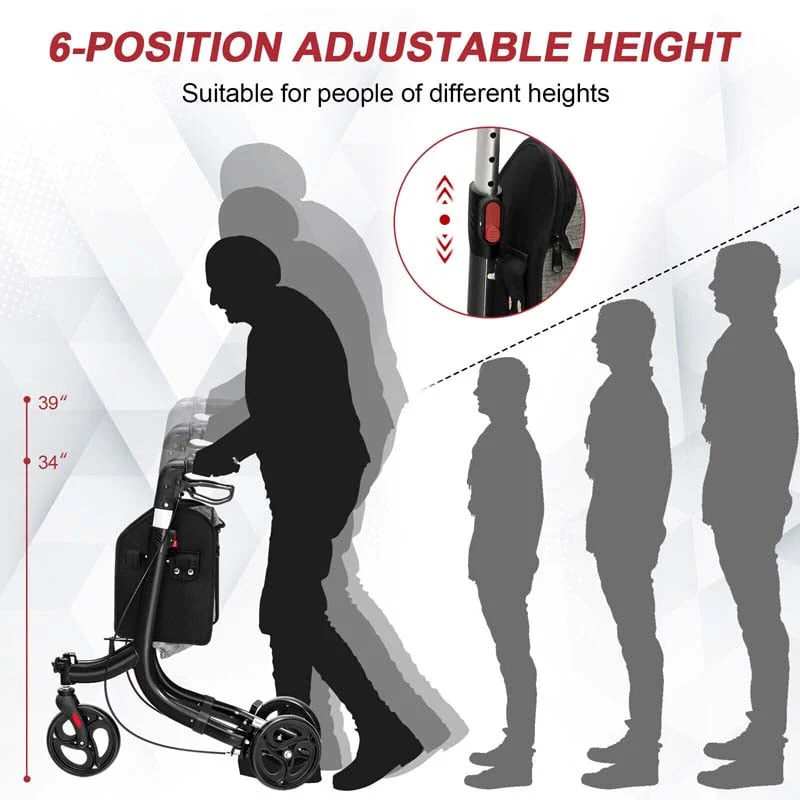 3-Wheel Folding Rollator Walker with Shopping Bag, Lightweight Aluminum Mobility Walking Aid
