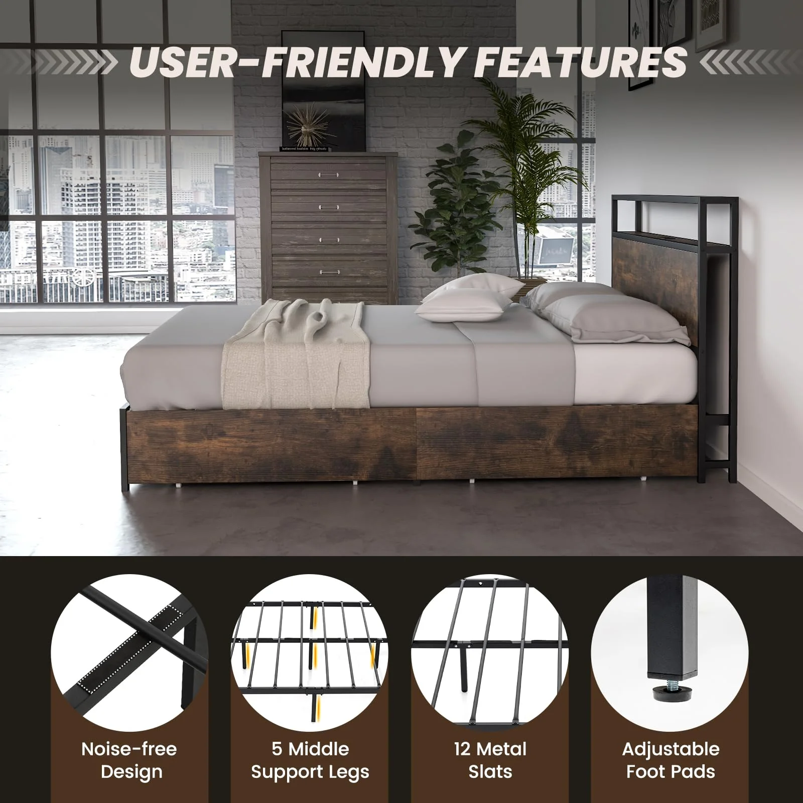 Giantex Queen Bed Frame with Smart LED Lights, Metal Platform Bed with Storage Headboard