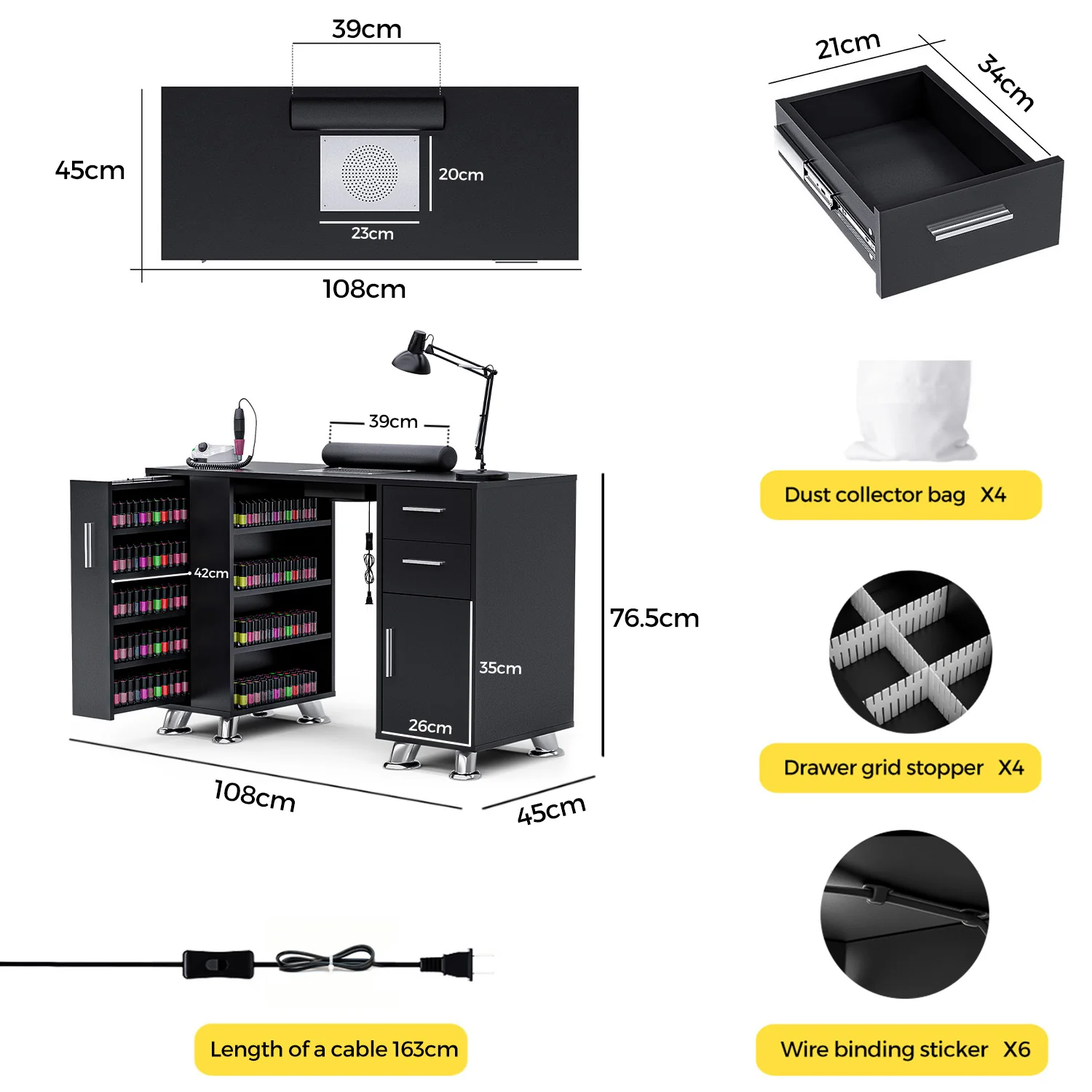 Manicure Table with Dust Collector Black